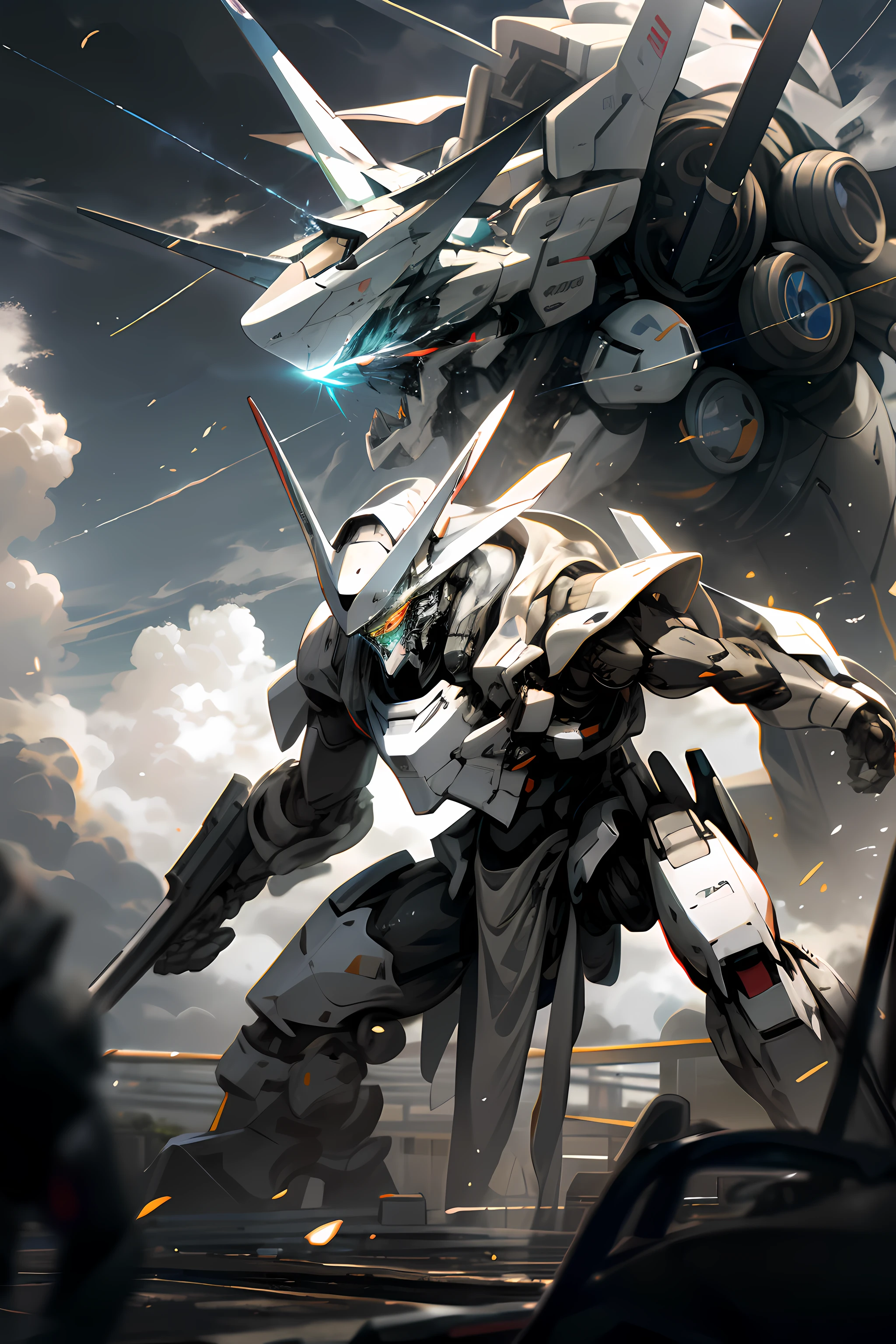 Skysky，​​clouds，Holding_arma，No_Humanity，with light glowing，，Two robots are dueling，fistfight，combats，buliding，Glowing_Eyes，Mecha，scientific fiction，The end of the world，城市，Realistis，Mecha