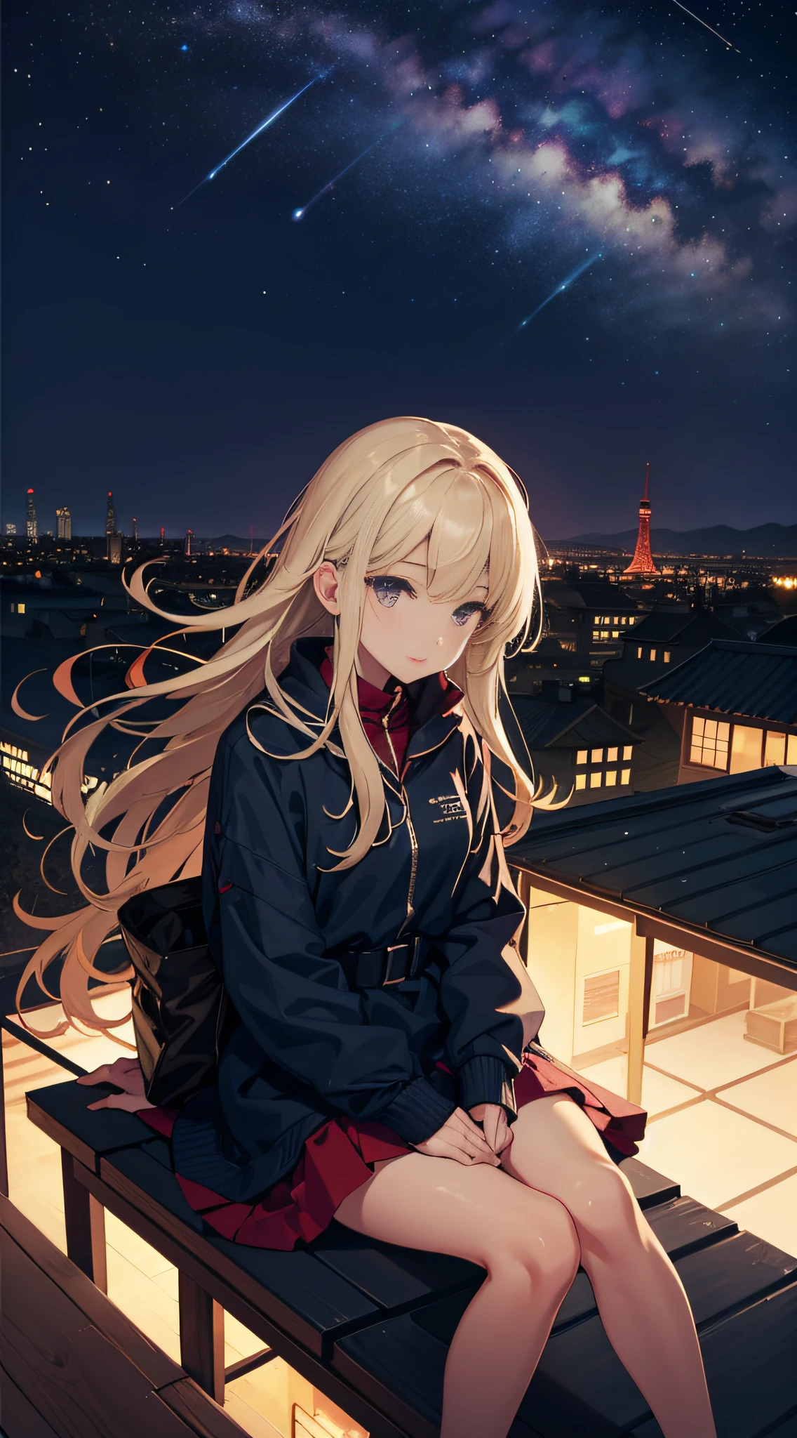 Close-up，A girl sits on a rooftop,Look up at the stars in the night sky。On the distant horizon,The silhouette of several buildings can be seen，She felt the comfort of the night breeze。The whole scene is calm and beautiful