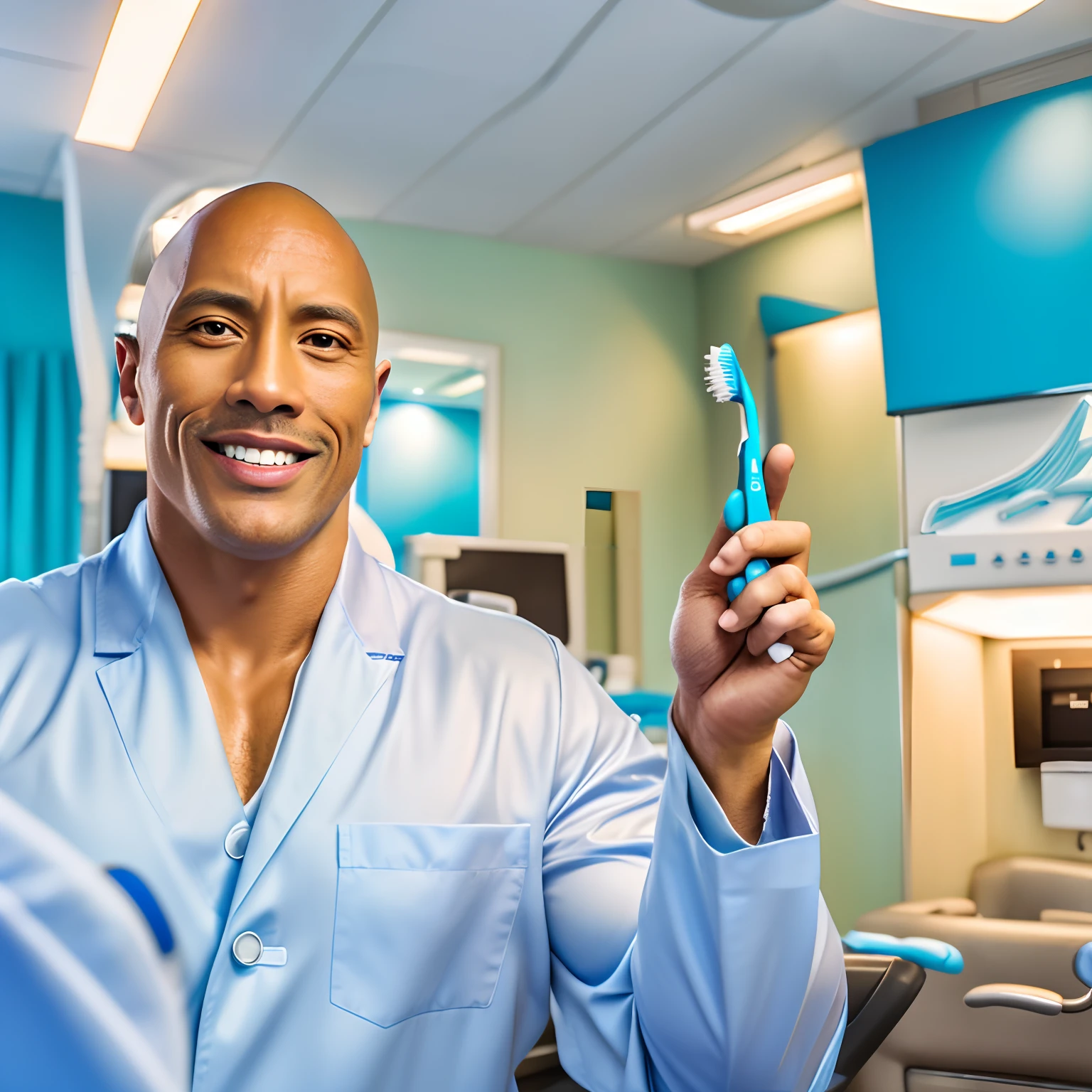 The rock holding a toothbrush, inside of dental care, miami vibes,brighdetailed, dwayne johnson, detailed face, natural expression, realistic expression, natural lighting,promotional photograph