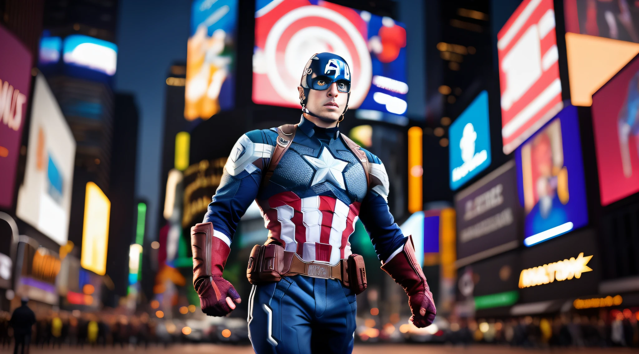 Captain America, Steve Rogers, strides through the bustling Times Square in New York City. His strong physique and unwavering determination are on full display as he navigates through the crowds. The bright lights of the city illuminate his path, casting a futuristic glow upon the scene. The high level of detail in the image captures every fiber of his iconic suit, from the star on his chest to the intricate stitching on his gloves. The full body shot is taken from a front view, showcasing his heroic stance and unwavering resolve. The strong light source casts a powerful shadow behind him, emphasizing his imposing presence. The image is captured in stunning 8K resolution, allowing for every detail to be seen with crystal clarity.