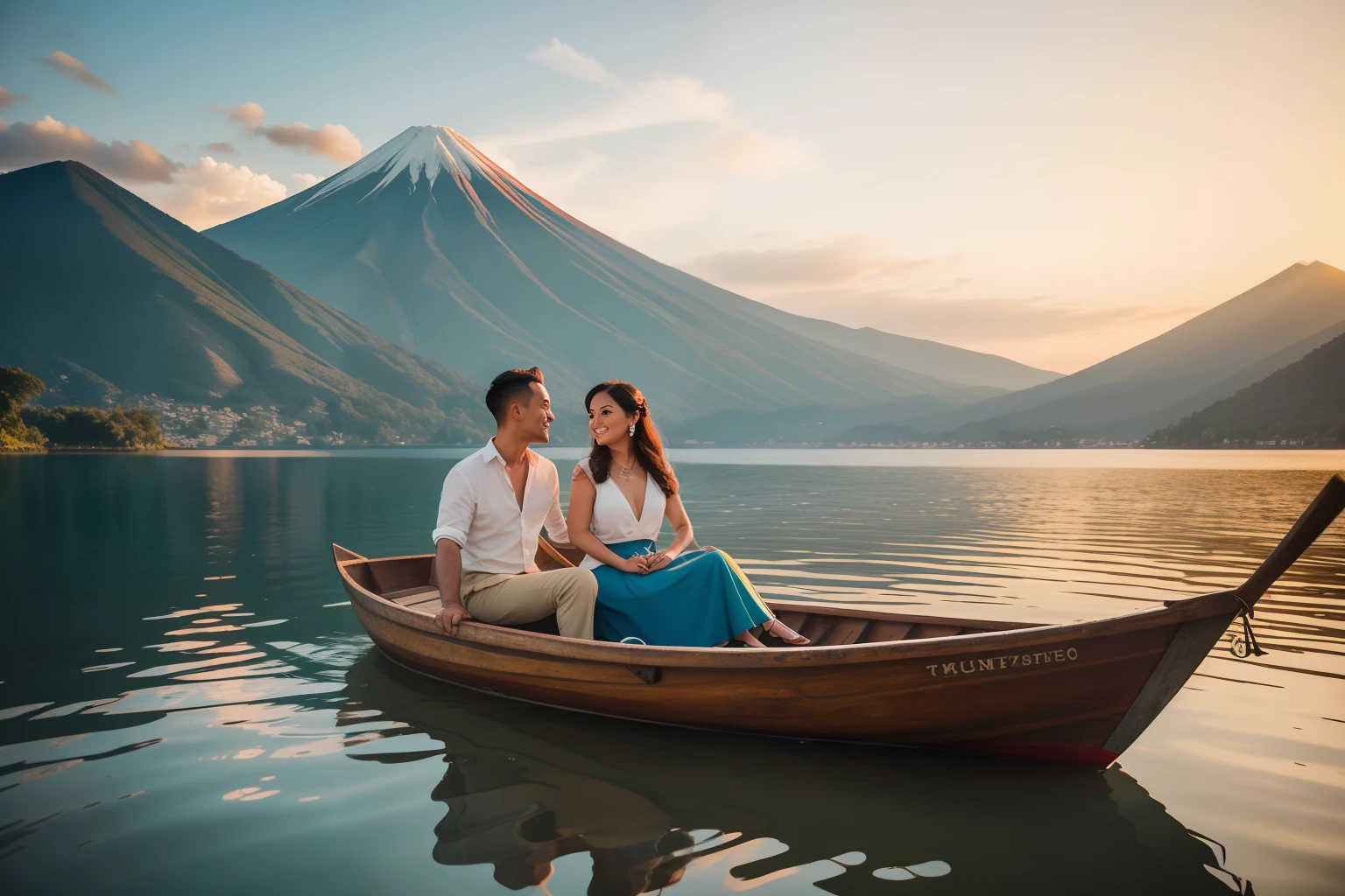 Year: 2022
Country: Guatemala
Description: On the shores of Lake Atitlán, a young couple rows a pastel-colored wooden boat across the still waters. The majestic volcanoes in the background are illuminated by the setting sun, casting a golden glow on the scene. The couple's vintage-inspired outfits and the serene ambiance capture the essence of the moment.