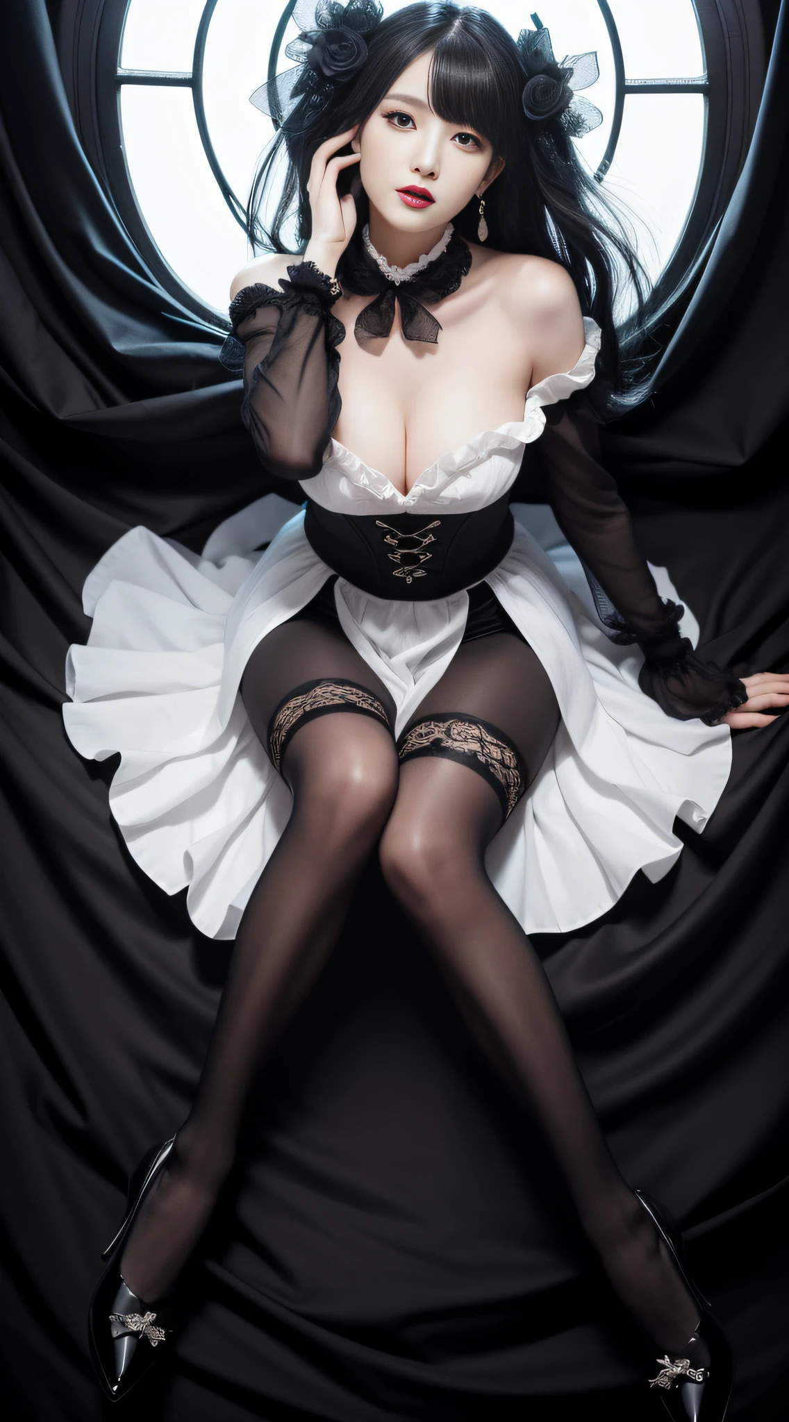 Charming beauties、blanche、blouse、Black ruffled skirt、black pantyhose、Black flower hair ornament、charming oval face、二重まぶた、Clear eyes、red lipsticks、Beautiful thin legs、toned ankles、The ultra -The high-definition、The ultra-detailliert、Elegant standing figure、Create a slender lower body curve、Expressing adult femininity、top-quality、8K、ultra-detailliert、soio、9 head body、Night、Move ki、The Darkness、seductiv、brainwashed、Evil Fall、wicked