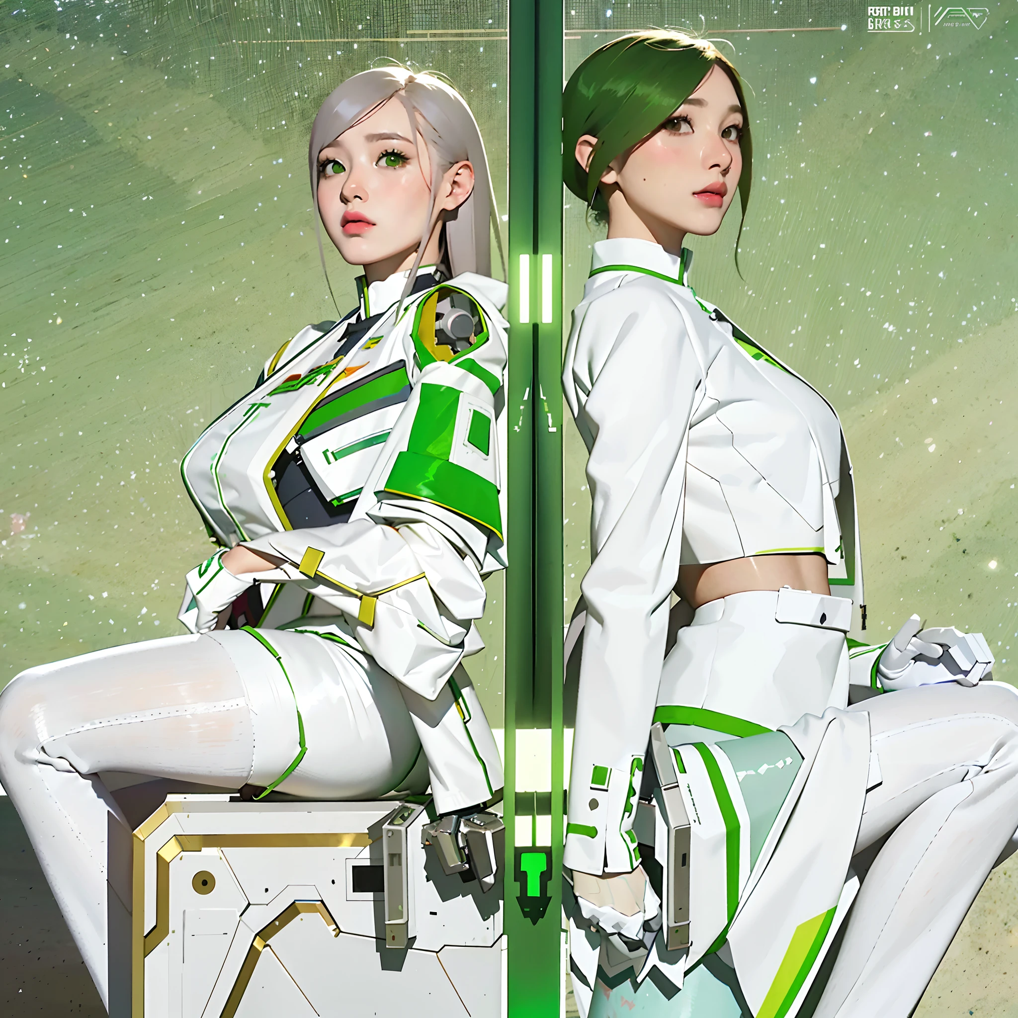 anime - style image of two women in white and green outfits, beautiful sci - fi twins, ruan jia and joao ruas, krenz cushart and wenjun lin, in white futuristic armor, krenz cushart and asher duran, ross tran and bayard wu, android heroine, glossy white armor, trending on cgstation, kda and sam yang