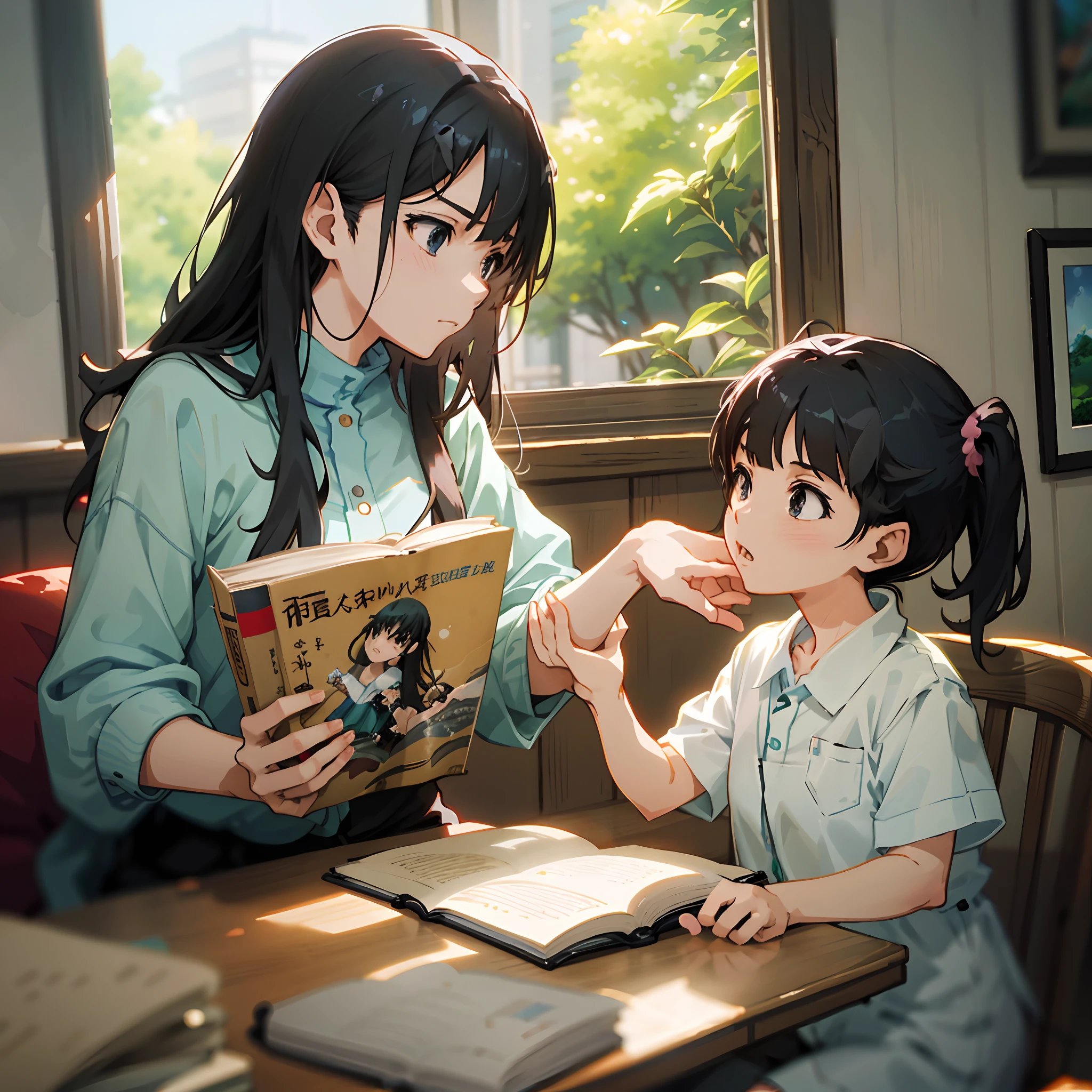 Anime girls read to girls sitting at tables,Happy emotions， Guviz-style artwork, ( ( Makoto Shinkai ) ), Guweiz e Makoto Shinkai, By Makoto Shinkai, By Makoto Shinkai, author：Kikukawa Sakaeyama, Beautiful depiction, Makoto Shinkai and Artgerm, author：Rei Kamoi