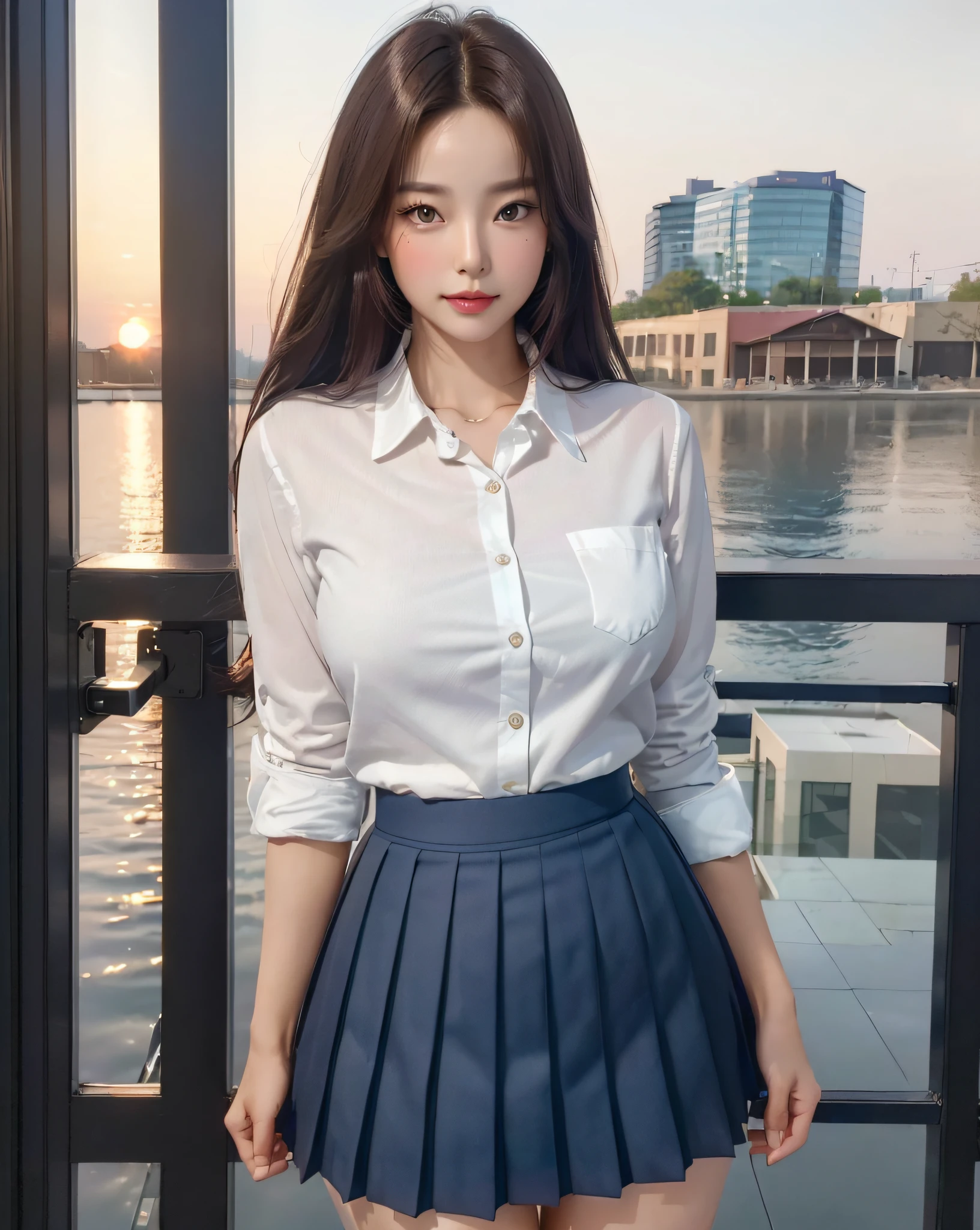 (Best quality, 8k, 32k, Masterpiece, UHD:1.2), (realistic:1.5), (masterpiece, Extremely detailed CG unity 8k wallpaper, best quality, highres:1.2), (ultra detailed, UHD:1.2), (cowboy shot:1.3), standing, stylish posing, closed legs, arms behind back, (from below:1.2, low angle), arms behind back, BREAK, 1girl, standing, :d:1.2, :p:1.2, seductive smile:1.2, happy, attractive emotion, mahogany hair, straight thin hair, bangs, orval face, (pretty Korean actress face:1.3, Japanese Idol face:1.3), ((1girl wearing a detailed deep-blue pleats-skirt:1.3 and white collared shirt:1.3), ( girl), professionattire, snekers, (33yo:1.1)), medium-large breast:1.25, thin waist:1.35, (thick thighs:1.5), (muscular thighs:1.5), BREAK
(Beautiful Sunset background:1.2, street view:1.2), looking at viewer, thighs focus, (cute), (no makeup), clean face, (realistic, photo-realistic:1.37), (masterpiece), (best quality:1.4), (ultra high res:1.2),(RAW photo:1.2), (sharp focus:1.3), (face focus:1.2),
