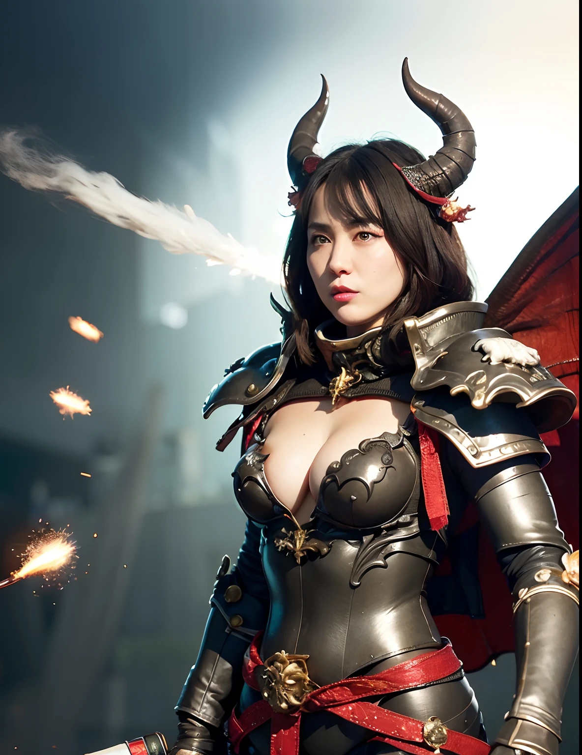 Professional , masterpiece、top-quality、photos realistic , depth of fields 、(White Metal Body:1.9),(Matte White、(cleavage of the breast)、Dragon Gold Weapon、Particles of light、(White Metal Body:1.4),Gorgeous gold weapons ,(( Dragon dense and gorgeous dragon sword)) , (demonic wings) ,warhammer 40k 、((White hair))、(Castle background)、(demonic wings)、((Gangle's forest background))、Beautiful Caucasian beauty、1a person、dynamic ungle,(((Two devil's horns on the head)))、Smaller head、Strange smile、Thin and beautiful female hands、cleavage of the breast、Mystical expression、Light Effects、intense fighting、Wind-effect、magic circles、With the legendary magic wand、Dragon's tail、