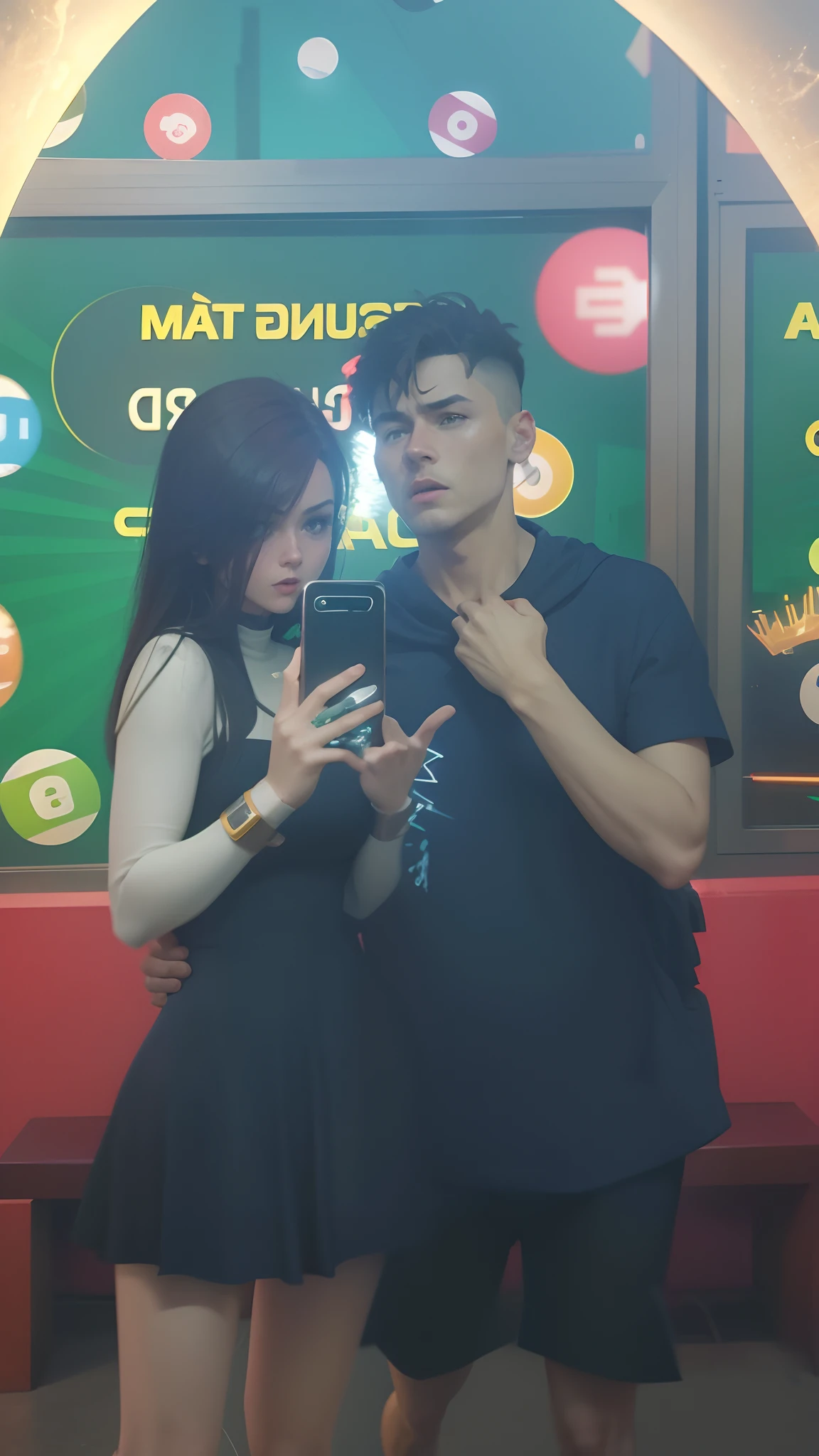 Close up image of 2 subjects, 1girl with auburn colored hair, wearing long sleeve white dress with hood, (running towards camera), (woman looks scared), frightened, running for her life, running away from man wearing armor, getting grabbed by man, down a dirty city alley, futuristic city at (night:1.4), blue and yellow neon signs, chase scene, action scene, thick outlines, comic book style, dynamic camera angle, realistic skin, realistic hands, perfect hands, action lines, motion blur background