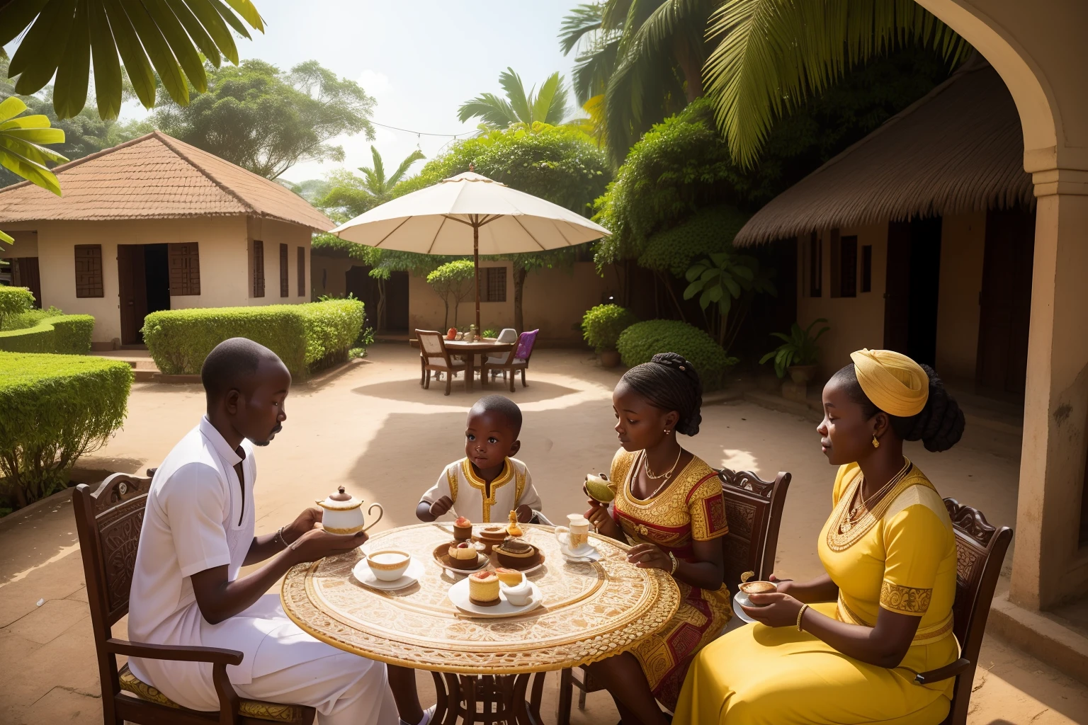 Year: 2018
Country: Guinea
Description: In a picturesque Conakry neighborhood, an upper-middle-class family enjoys a leisurely afternoon tea in their ornate garden. The sun casts a warm glow on the scene, highlighting the intricate patterns of the family's traditional clothing and the whimsical decorations of the garden.