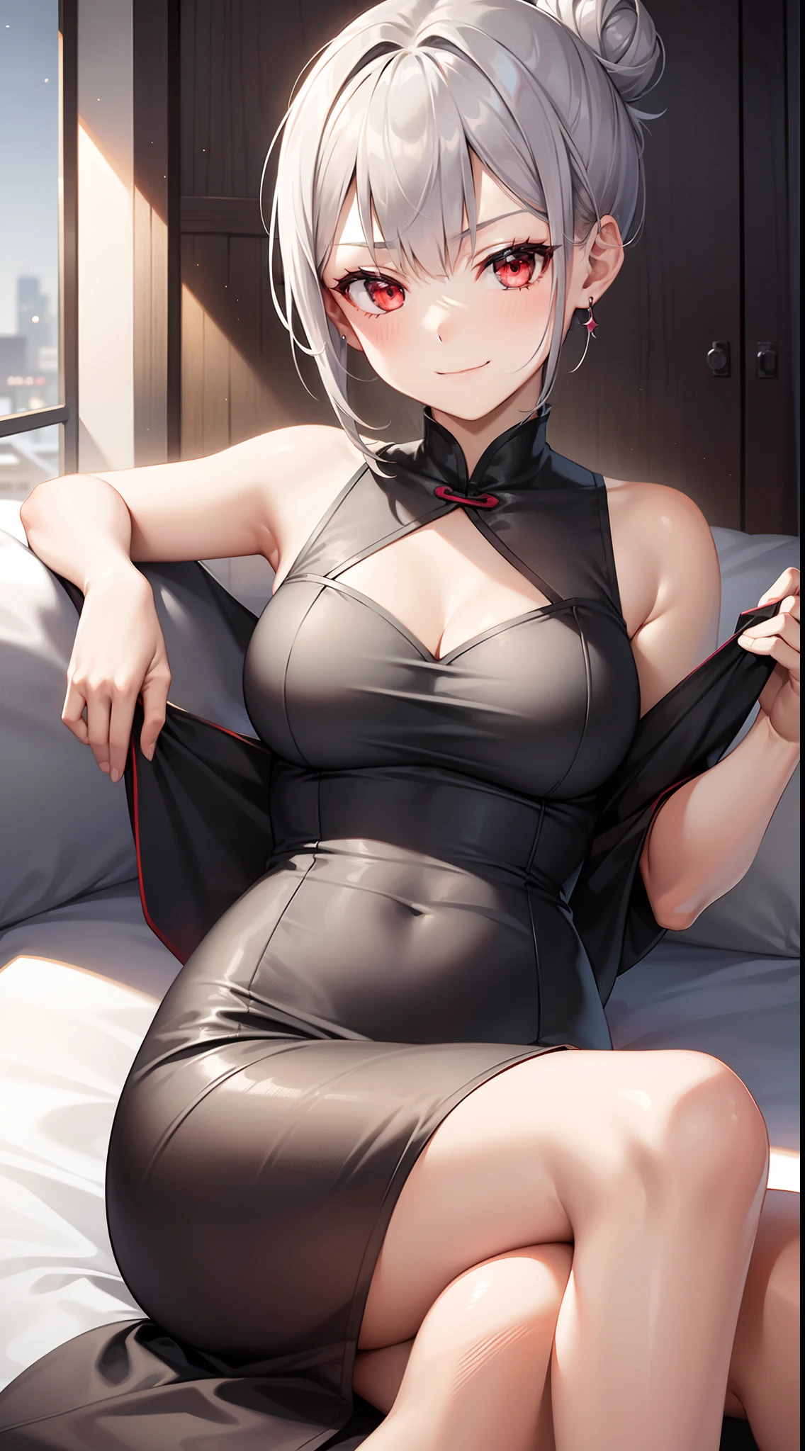 young girl, short gray hair, hair in a bun, red-eyes, smirk, grey chinese dress, translucent, fan, smirk, Sits, Masterpiece, hiquality
