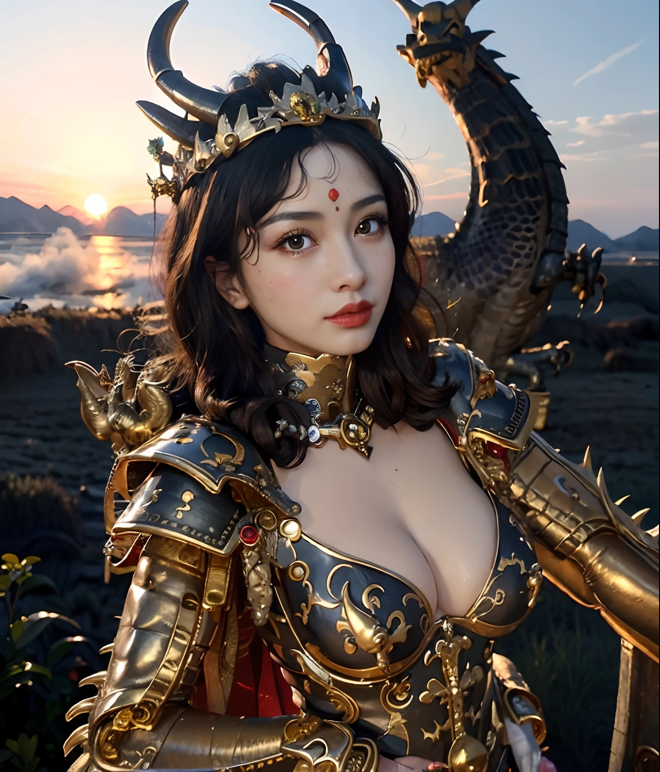 Professional , ​masterpiece、top-quality、photos realistic , depth of fields （Gemstone Black Metal Body:1.９),(Enamel Black、（cleavage of the breast）、（Chinese Dragon）、Dragon Gold Weapon（Dragon Metal Body:1.４),Gorgeous gold weapons ,（（ Dragon's dense and gorgeous sword）） ,  、blood splashing、  ,warhammer 40k , adepta sororitas,Detail and gorgeous crown、（（Brown hair））、（The dragon）、（Castle background）、The dragon、（（Gangle's forest background））、Beautiful Caucasian beauty、（１a person）、dynamic ungle,(((Detailed and ornate Black Devil Crown)))、Smaller head、A smile、Castle background、Thin and beautiful female hands、cleavage of the breast、Mystical expression、Light Effects、Wind-effect、magic circles、With the legendary magic wand、（demonic wings）、Toostock、Look at viewers、
