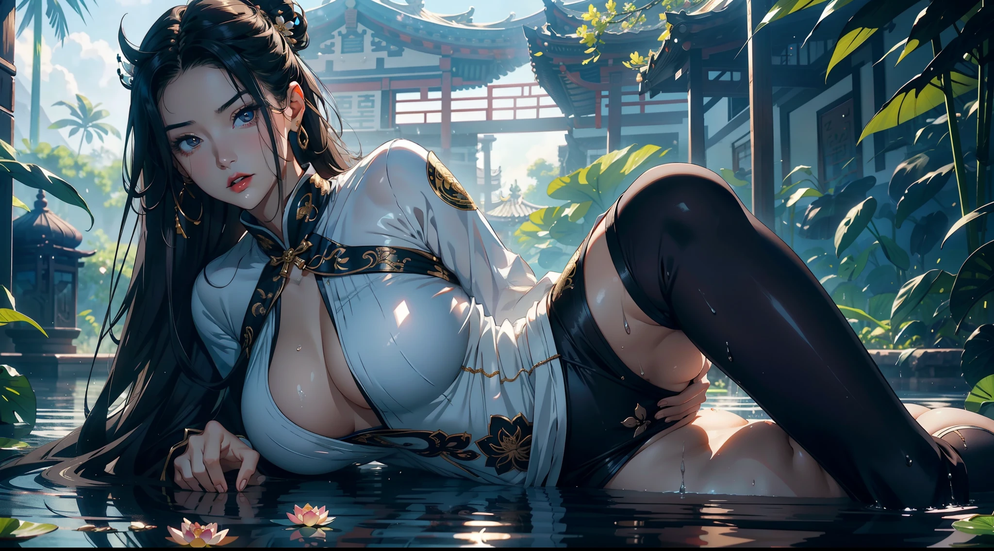 1female,36 years old,熟妇,mature,Bigchest,Big breasts Thin waist,long leges,Raised sexy,Pornographic exposure, 独奏,(Background with:Surrounded by lotus flowers,bamboo forrest,Lotus pond) She has short black hair,Sweat profusely,drenched all over the body,seen from the front, hair straight, mostly cloudy sky,(((tmasterpiece),(Very detailed CG unity 8K wallpaper),best qualtiy,cinmatic lighting,detailed back ground,beatiful detailed eyes,Bright pupils,(Very fine and beautiful),(Beautiful and detailed eye description),Black eyes,Redlip,ultra - detailed,tmasterpiece,)),facing at camera,(The upper part of the body),A high resolution,ultra - detailed),revealing breasts,Bare genitalia, Bulge,legs are open,sexyposture,Camel toes,Flushed complexion,Open-mouthed,frontage,gallant woman,Wuxia style,A ball head,Lotus hair ornaments(Wearing:White transparent cheongsam)