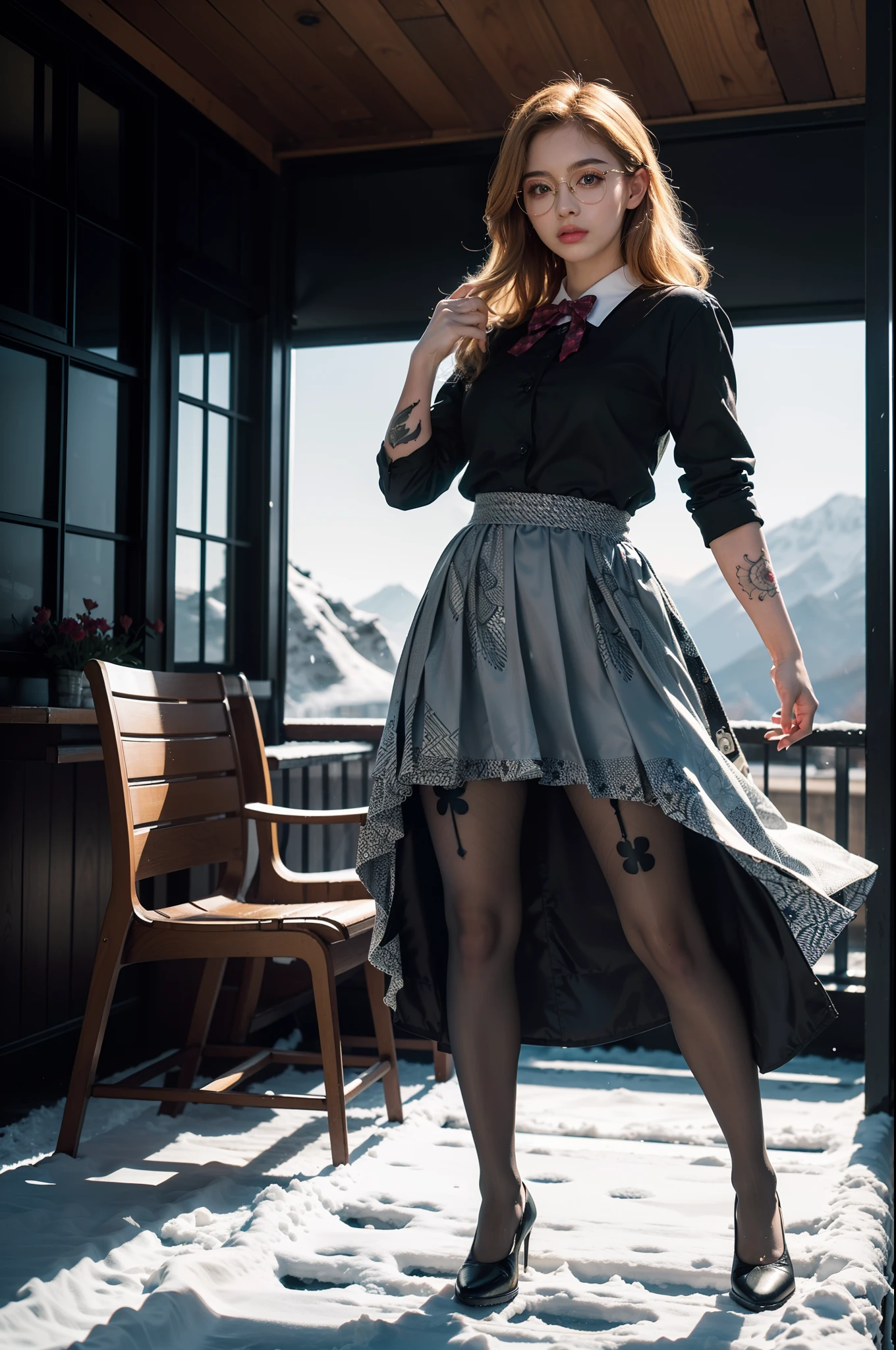 (full body:1.5),(((only one girl)):1.4),(view the viewer:1.4),((anatomy correct):1.45),(((Dancing on Snowy Mountains, Perfectly integrated background))):1.3),(she wears large glasses and Holding book in her hand:1.2),(shy:1.15),((Student pleated skirt's set):1.2),(((((((patterns)))))) ,((thick pantyhose)):1.3),(((tattoo)):1.3),( Uniform high heels leather shoes with bows for female students:1.1),(((colorful)):1.2),(Accurate and perfect face:1.3),((blonde):1.2),hyper HD, Ray traching, reflective light, structurally correct, Award-Awarded, high detail, lighten shade contrast, Face lighting ,cinematic lighting, masterpiece, super detailing, high quality, high detail, best quality, 16k,High contrast,