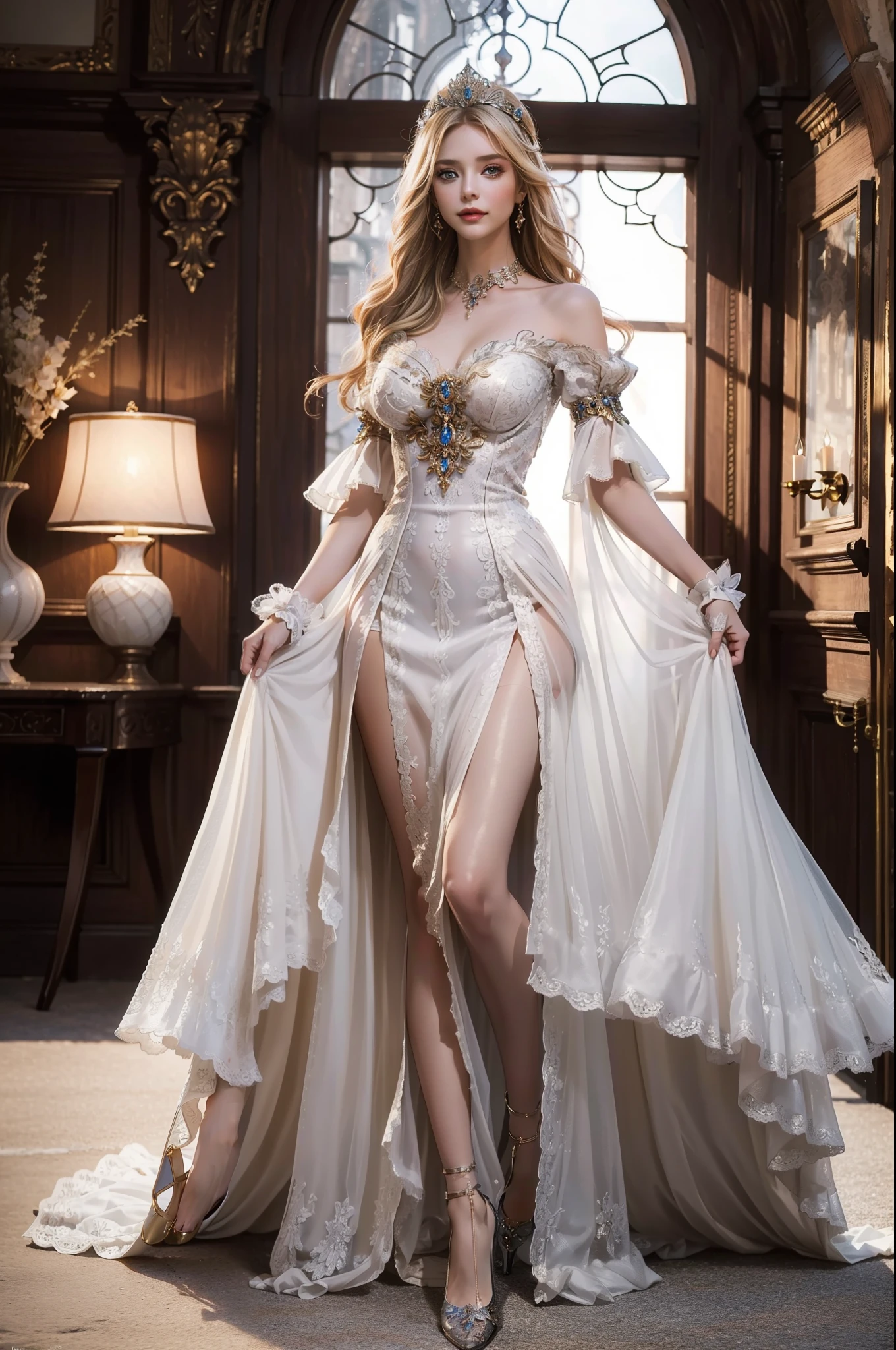 ((top-quality、​masterpiece、photographrealistic:1.4、in 8K))、Beautuful Women、18year old、Beautiful expression、a blond、extremely detailed eye and face、beatiful detailed eyes、Formal Gloves、（Luxury dress in medieval European style with gorgeous iridescent colors、Headdress in the style of medieval Europe)、Red dress、Luxury accessories、（Woman walking in the corridor of a castle in European style）、Glass shoes、Cinematic lighting、Textured skin、Super Detail、high detailing、High quality、hight resolution、Looking at Viewer、Elegant smile、Full body、europian、