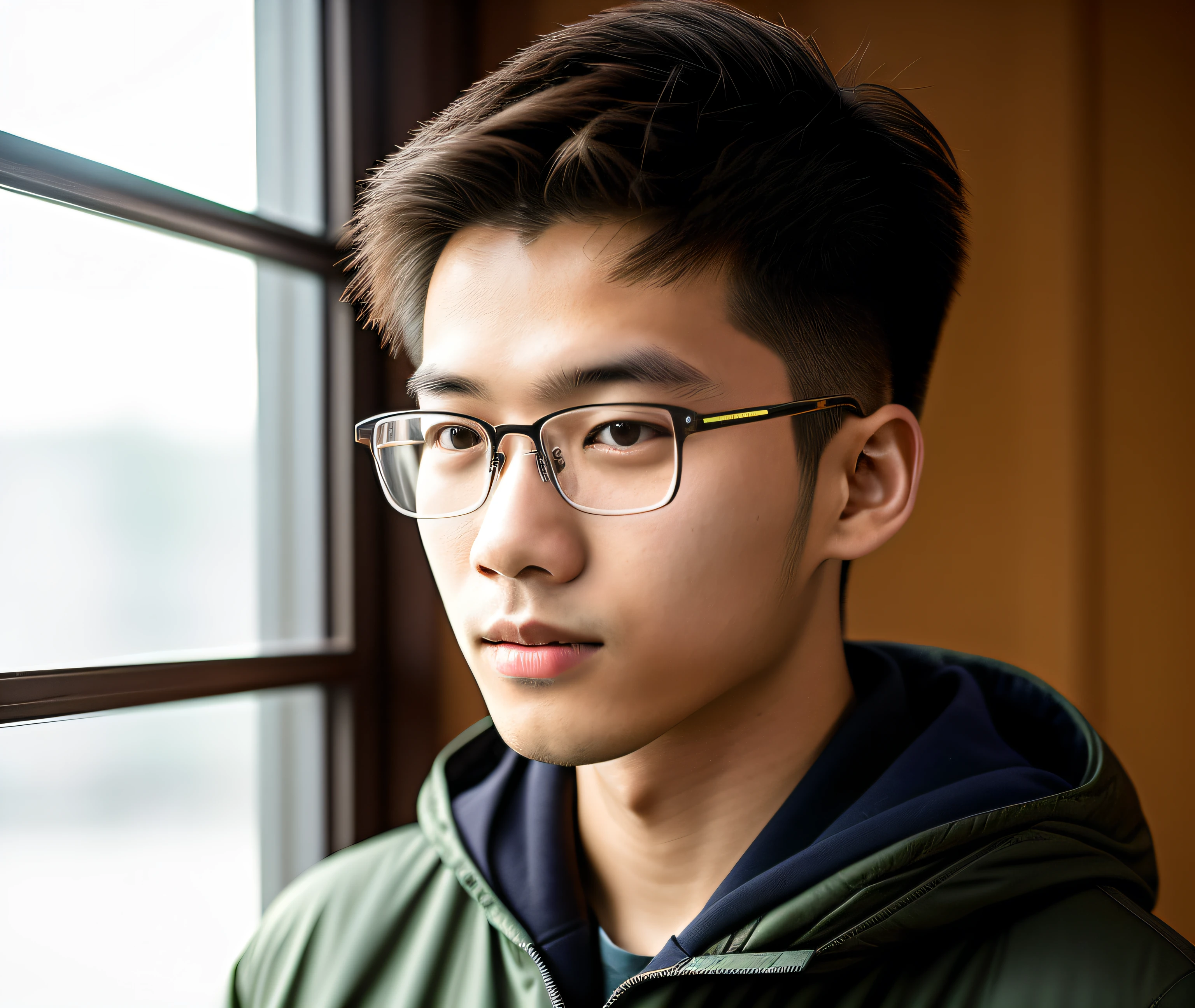 There was a young man with glasses and a brown jacket, twitch streamer / gamer ludwig, yanjun cheng, detailed face of a asian boy, 18 years old, 1 7 - year - old boy thin face, Keqing from Genshin Impact, heise jinyao, very very low quality, wenjun lin, Cao Shuxian, longque chen