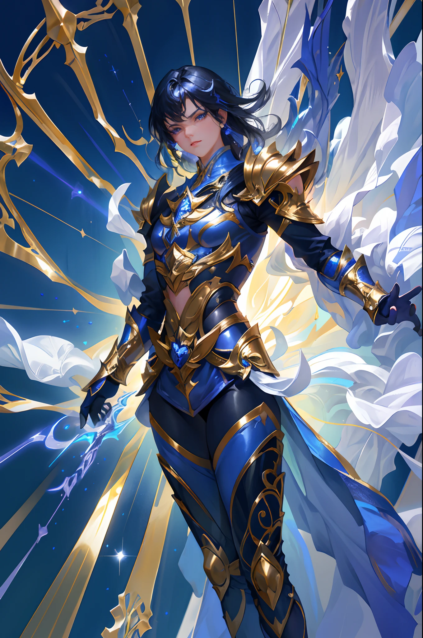 Ultra-high saturation,(tmasterpiece), fully body photo,(best qualtiy), (1girll), starryskybackground,Wearing shiny gold armor, Sexy lingerie type armor,Expose your chest,Expose the waistline,Exposing thighs,cool-pose, Saint Seiya Armor, messy hair,high detal, Anime style, Cinematic lighting, Sparkle, god light, Ray traching, filmgrain, hyper HD, textureskin, super detailing, Anatomical correct, A high resolution,Ultra-high saturation,hight contrast,High-gloss armor,Smooth skin,Serious expressions,Dark room,