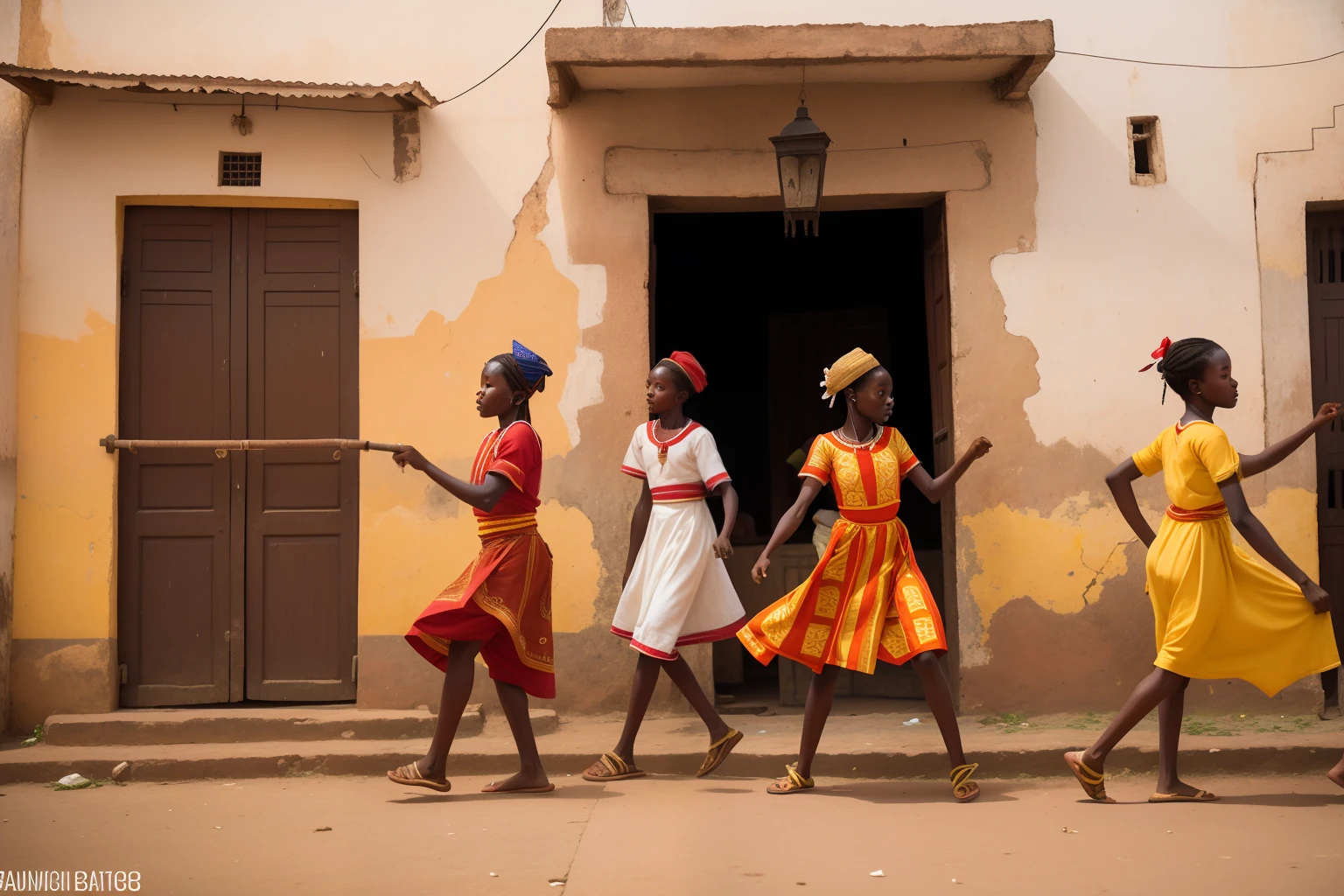 Year: 2019
Country: Guinea
Description: In the historic city of Labé, a group of agers participates in a traditional dance performance against the backdrop of an old colonial building. Their colorful clothing and spirited movements contrast with the weathered architecture, blending the past and present in a cinematic scene.