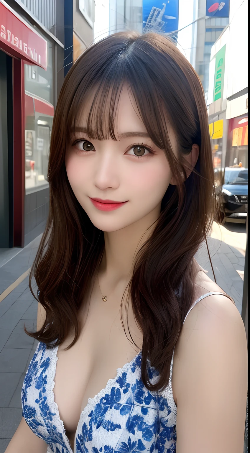 masutepiece, Best Quality, Illustration, Ultra-detailed, finely detail, hight resolution, 8K Wallpaper, Perfect dynamic composition, Beautiful detailed eyes, Women's Fashion Summer,Medium Hair,Small breasts natural color lip, Bold sexy poses,Smile,Harajuku、20 years girl、Cute、Sexy shot looking at camera
