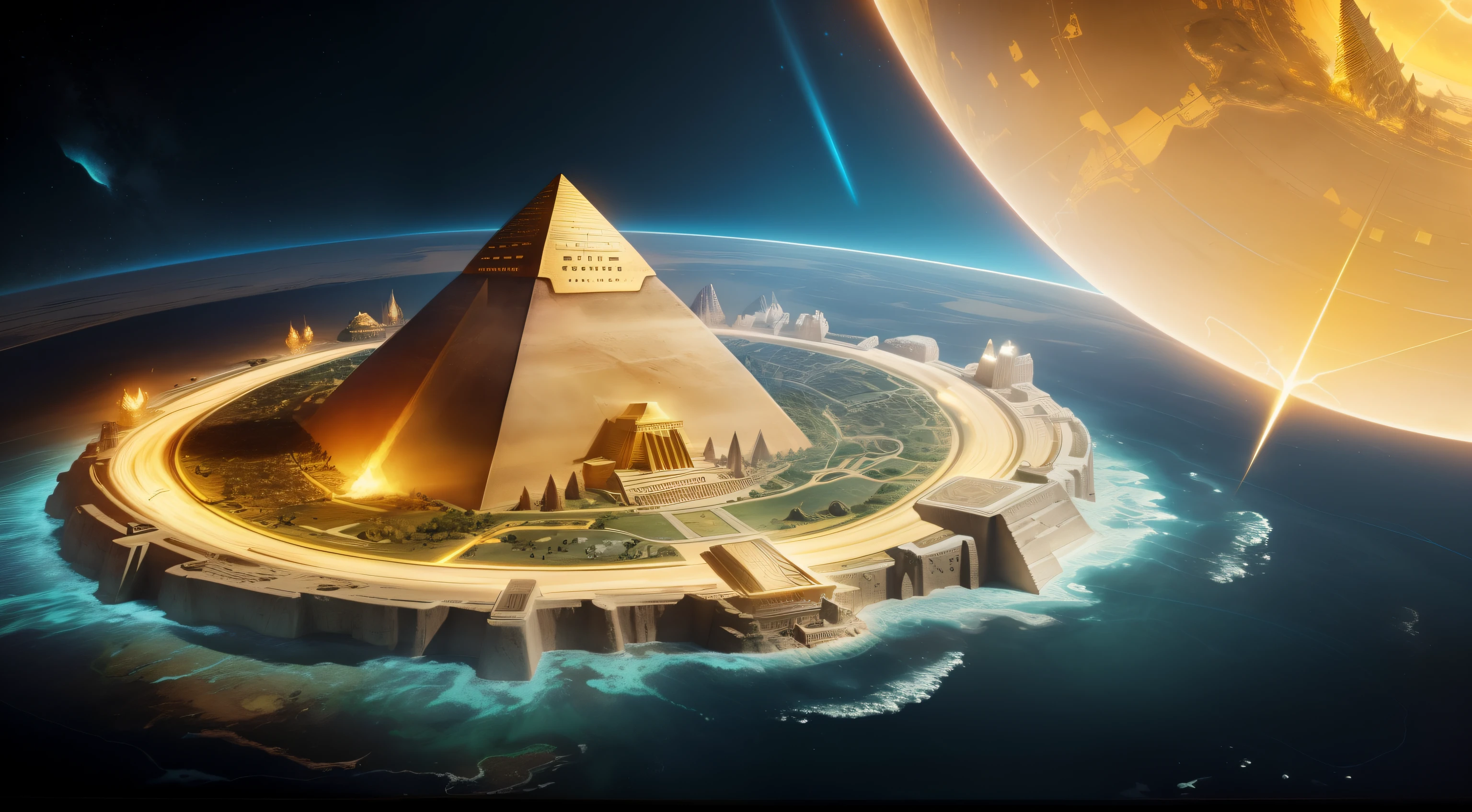 a futuristic cartography map of a fantasy world, (not earth), high detail, a large golden pyramid is in the center of the map, a large tree at the bottom of the map, and between them is a large desert. There is a sea around the map which is made of fire.