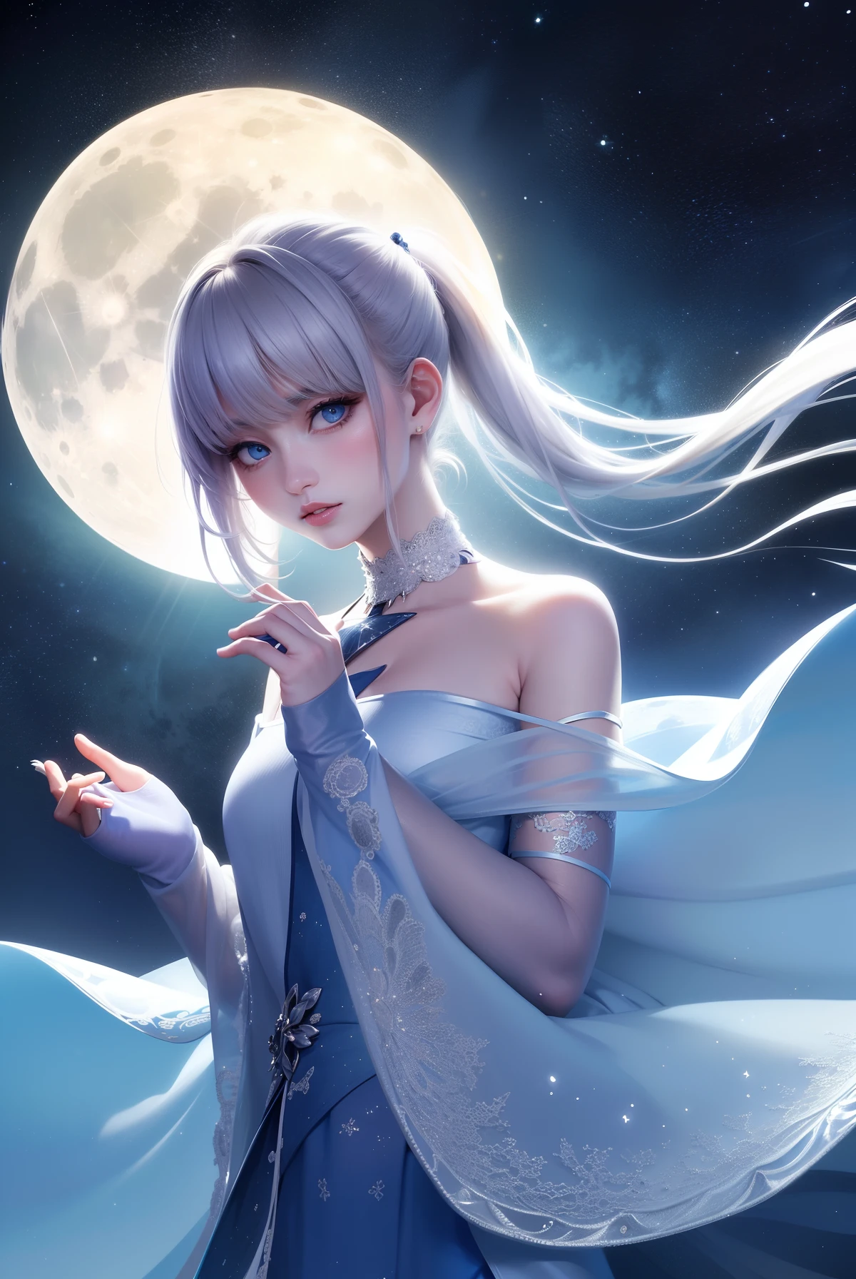 Masterpiece, (Best Quality: 1.2), (Super Fine: 1.2), Illustration, (Extremely Delicate and Beautiful: 1.2), Film Angle, Floating, (Beautiful Detail Eye: 1.1), (Detail Light: 1.1), Film Lights, Delicate Sky, Woman, White Hair, Blue Eyes, (High Ponytail: 1.1), Cloak, Glowing Eyes, (Moon: 1.2), (Moonlight: 1.1), Starry Sky, (Light Particles: 1.1), Fog , snow painting, sketching, blooming