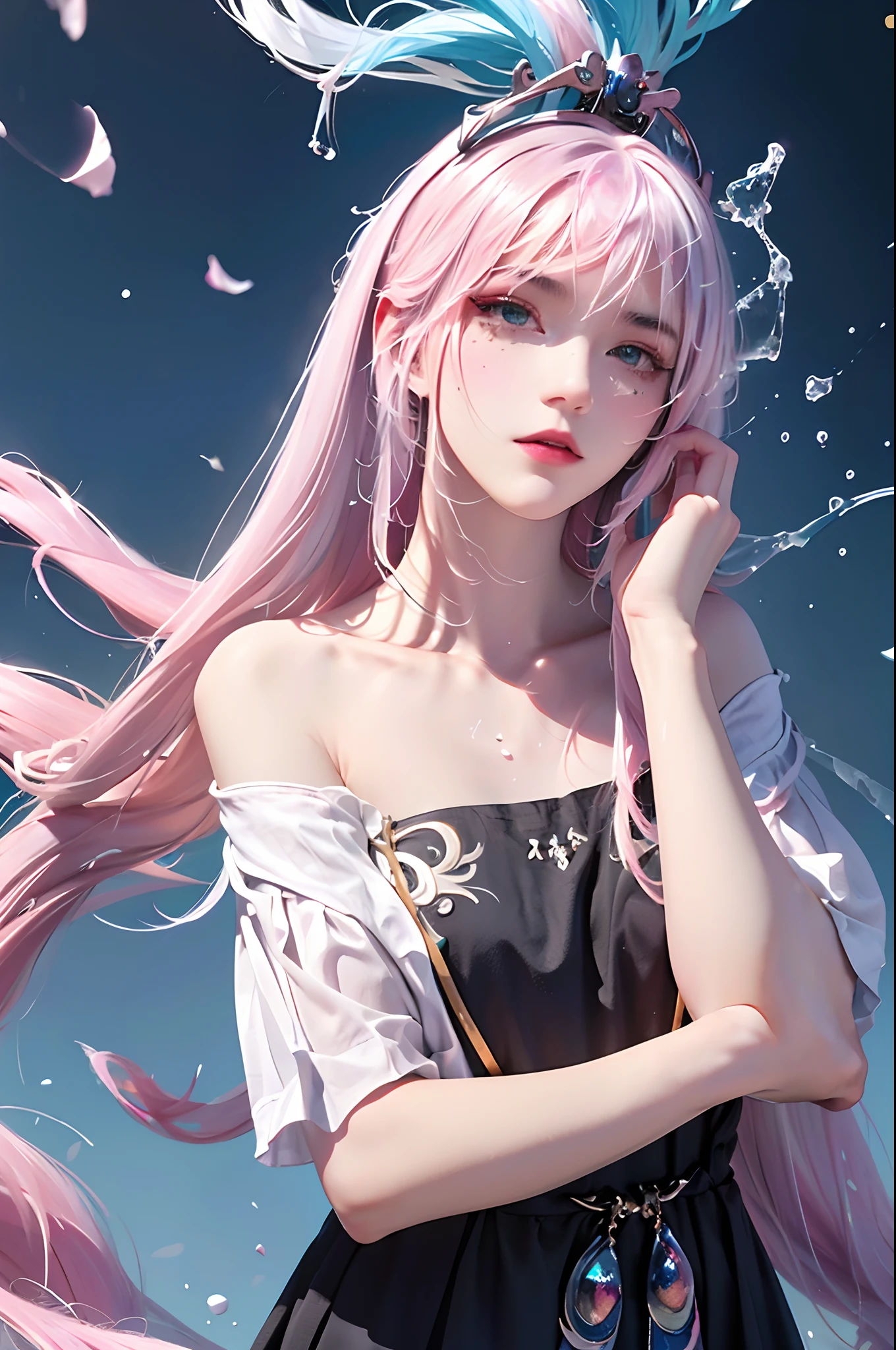(Pink fashion T-shirt: 1.9), (Colorful hair: 1.8), (Rainbow all colors: 1.8), (((Vertical painting: 1.6))), (Painting: 1.6), Front, manga, illustration, painting, big eyes, crystal clear, (rainbow gradient high ponytail: 1.7), delicate makeup, shut up, (small freshness: 1.5), (bandeau: 1.6), long eyelashes, white off-the-shoulder T- shirt, White Shoulder Shirt, looking at the audience, Big watery eyes, (rainbow hair: 1.6), color splash, (solo:1.8), color splash, color explosion, colour splash, color explosion, thick lacquer style, messy lines, ((shining)), (colorful), (colorful), (colorful), colorful, Thick Paint Style, (Splash) (Color Splash), Vertical Painting, Upper Body, Paint Splash, Acrylic Pigment, Gradient, Paint, Highest Image Quality, Masterpiece, Solo, Depth of Field, Face Paint, colorful clothes, (elegance: 1.2), gorgeous, long hair, wind, (elegance: 1.3), (petals: 1.4), ((masterpiece))), ((best quality))), (ultra-detailed), (illustration), (dynamic angle), (floating), (paint), ((loose hair)), (solo), (1girl), ( ( ( detailed anima face))), (( Beautiful detailed face)), collar, exposed shoulders, white hair, ((colored hair)), ((striped hair)), beautiful detailed eyes, (gradient eyes), (colored eyes))), (colored background))), (high saturation))), ((surrounded by colorful splashes))),