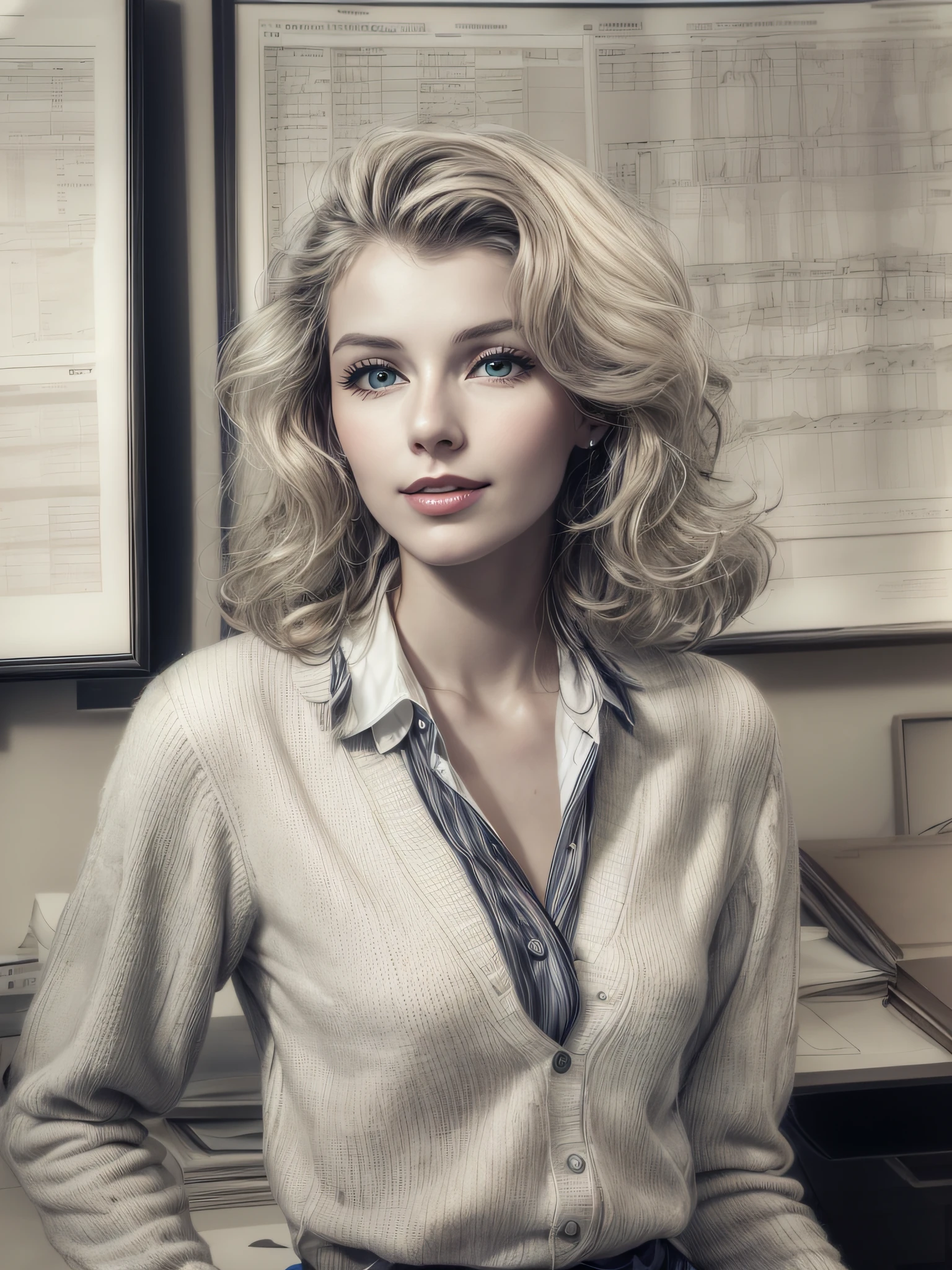 A beautiful young blonde woman [Marilyn Monroe:Maud Adams:0.15] Exude confidence and wisdom in fashion, Modern workspace，Next to it are complex financial charts on the wall, You can feel her analytical thinking at work, Directly in the camera gaze, A slight smil, full bodyesbian, Top model measurements, Modest office dress code, Wearing glasses, Cute face, Still very professional, author：Alejandro Bourdicio