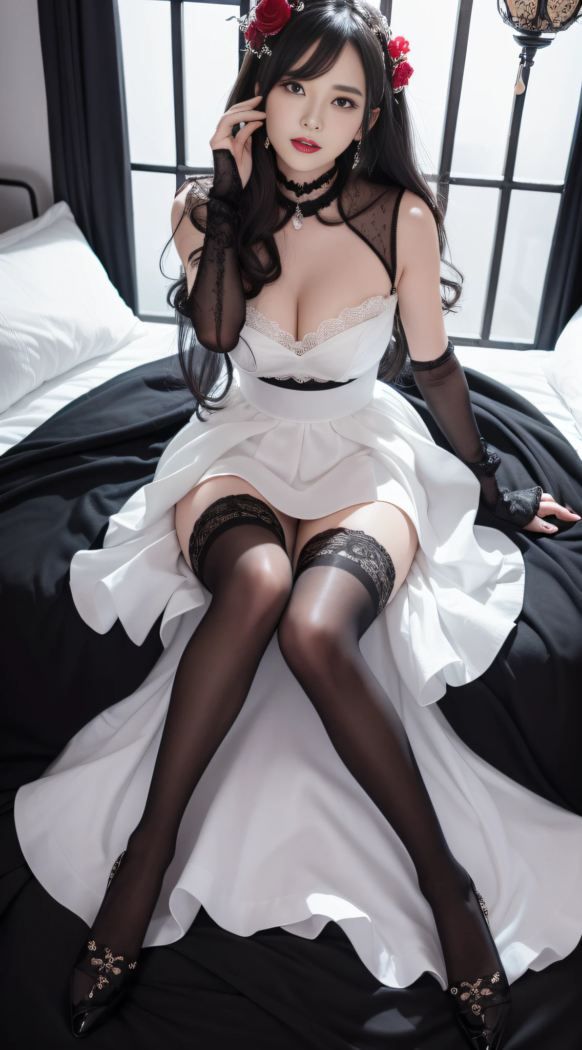 Charming beauties、White blouses、Black pleated skirt、black pantyhose、Black flower hair ornament、charming oval face、二重まぶた、Clear eyes、red lipsticks、Beautiful thin legs、toned ankles、The ultra -The high-definition、The ultra-detailliert、Elegant standing figure、Create a slender lower body curve、Expressing adult femininity、top-quality、8K、ultra-detailliert、soio、9 head body、Night、Move ki、The Darkness、seductiv、brainwashed、Evil Fall、wicked