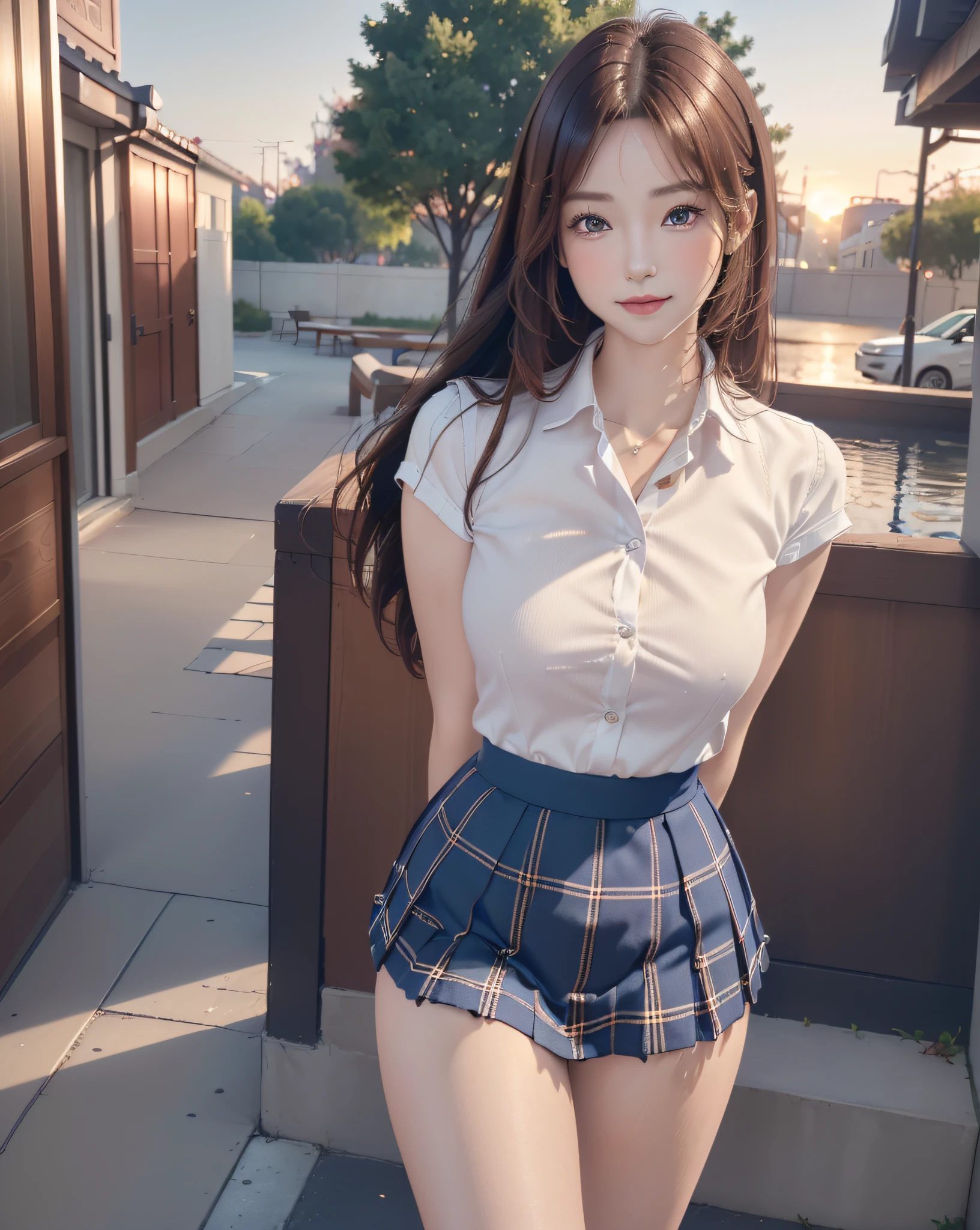 (Best quality, 8k, 32k, Masterpiece, UHD:1.2), (realistic:1.5), (masterpiece, Extremely detailed CG unity 8k wallpaper, best quality, highres:1.2), (ultra detailed, UHD:1.2), (cowboy shot:1.3), standing, stylish posing, closed legs, arms behind back, (from below:1.2, low angle), arms behind back, BREAK, 1girl, standing, :d:1.2, :p:1.2, seductive smile:1.2, happy, attractive emotion, mahogany hair, straight thin hair, bangs, orval face, (pretty Korean actress face:1.3, Japanese Idol face:1.3), ((1girl wearing a detailed deep-blue pleats-skirt:1.3 and white collared shirt:1.3, plaid pattern skirt), (school girl), professionattire, snekers, (33yo:1.1)), medium-large breast:1.25, thin waist:1.35, (thick thighs:1.5), (muscular thighs:1.5), BREAK
(Beautiful Sunset background:1.2, street view:1.2), looking at viewer, thighs focus, (cute), (no makeup), clean face, (realistic, photo-realistic:1.37), (masterpiece), (best quality:1.4), (ultra high res:1.2),(RAW photo:1.2), (sharp focus:1.3), (face focus:1.2),