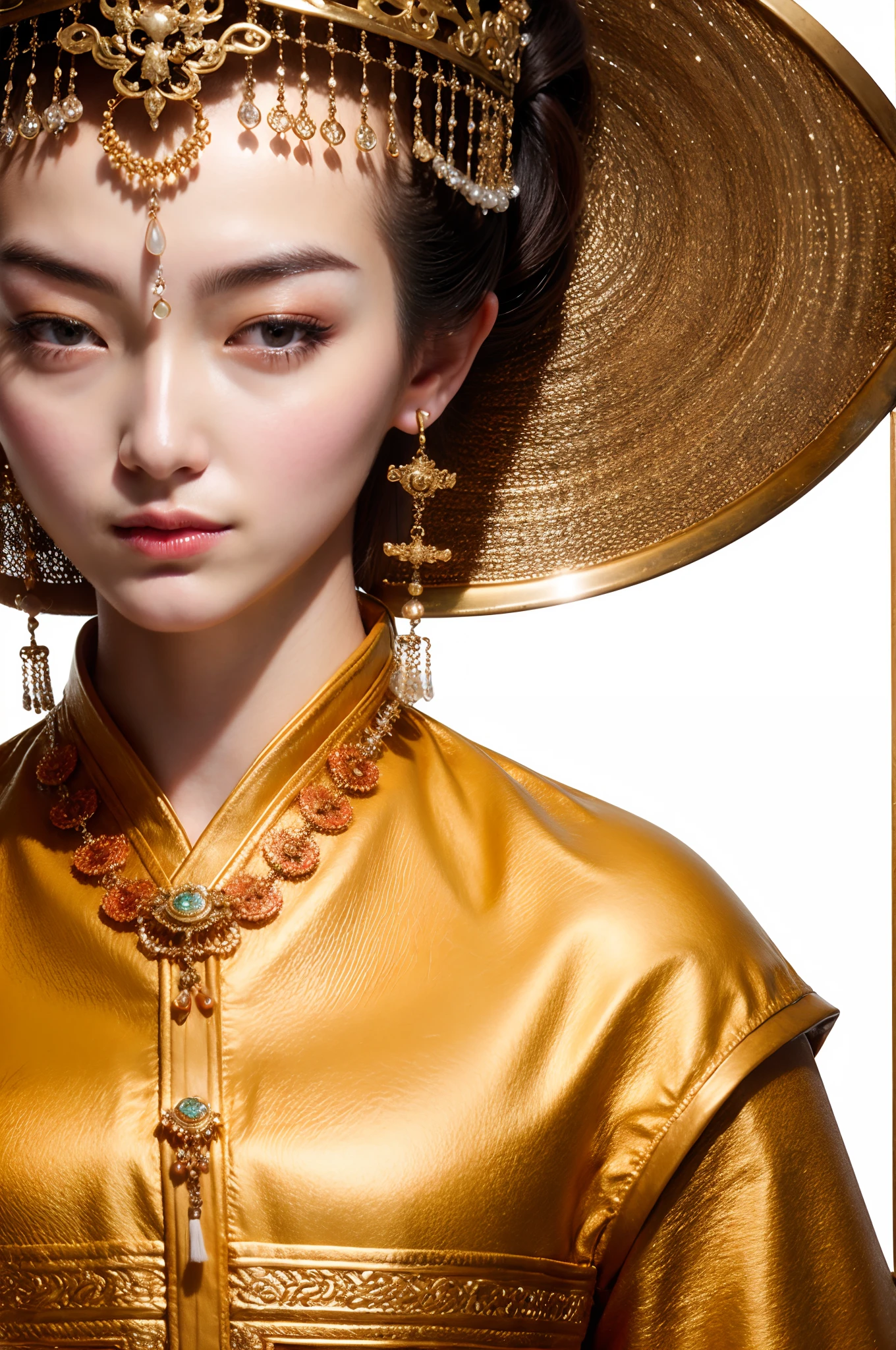 A girl, ancient Chinese costume, sunshine, clear face, clean white background, masterpiece, super detail, epic composition, ultra HD, high quality, extremely detailed, official art, uniform 8k wallpaper, super detail, 32k -- v 6