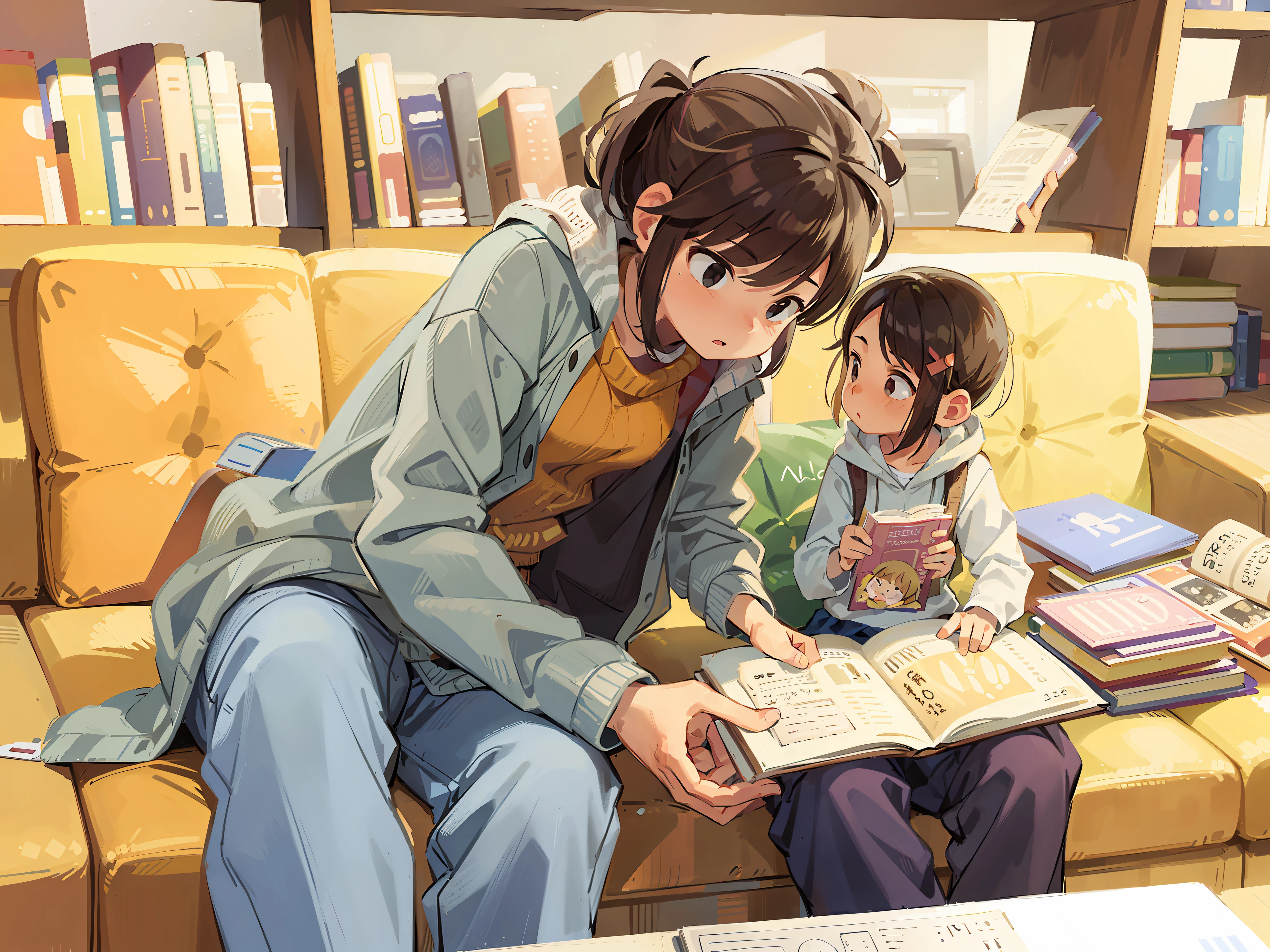 1Girl and 1child sitting on sofa reading together, reading new book, With a child, reading in library, Reading a book, In a library, , trying to read