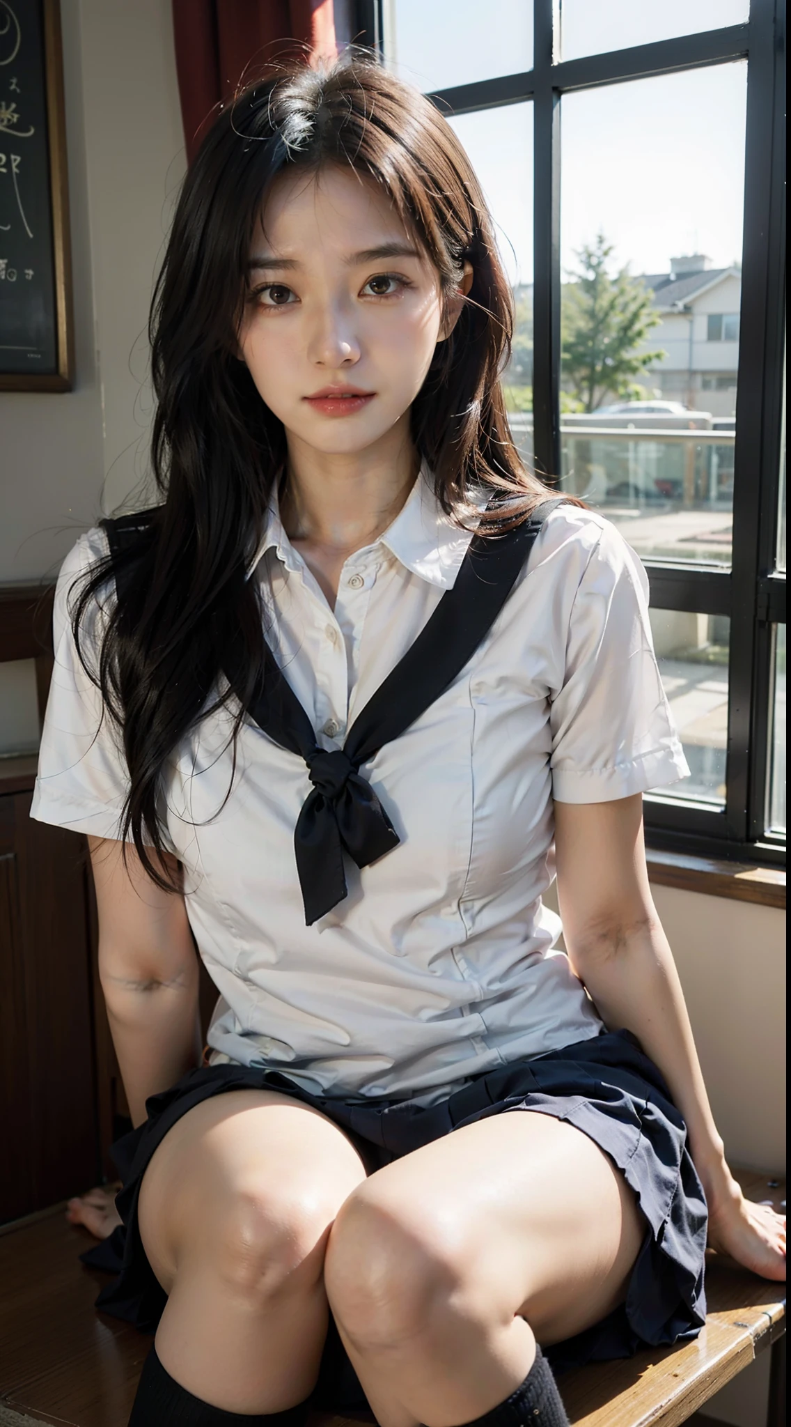 reality,offcial art,8K quality,Super detail,fine detail skin,Movie Angle,cinematic textures,Movie lighting,Masterpiece,Best picture quality,Deep Shadow 1 girl,Zhu lips,Messy hair,heart cutout,Yuzu,shidudou,1 Girl lying in front of the window,Whole body,black in color_Stockings,Lace stock,Long hair,upper legs,polypubic hair,s girl,Maid JK Surreal Schoolgirl,of a schoolgirl posing,Japanese school uniform,Realistic schoolgirl,Wearing a Japanese school uniform,Japanese school uniform,Anime girl cosplay,cute female student,wearing dresses