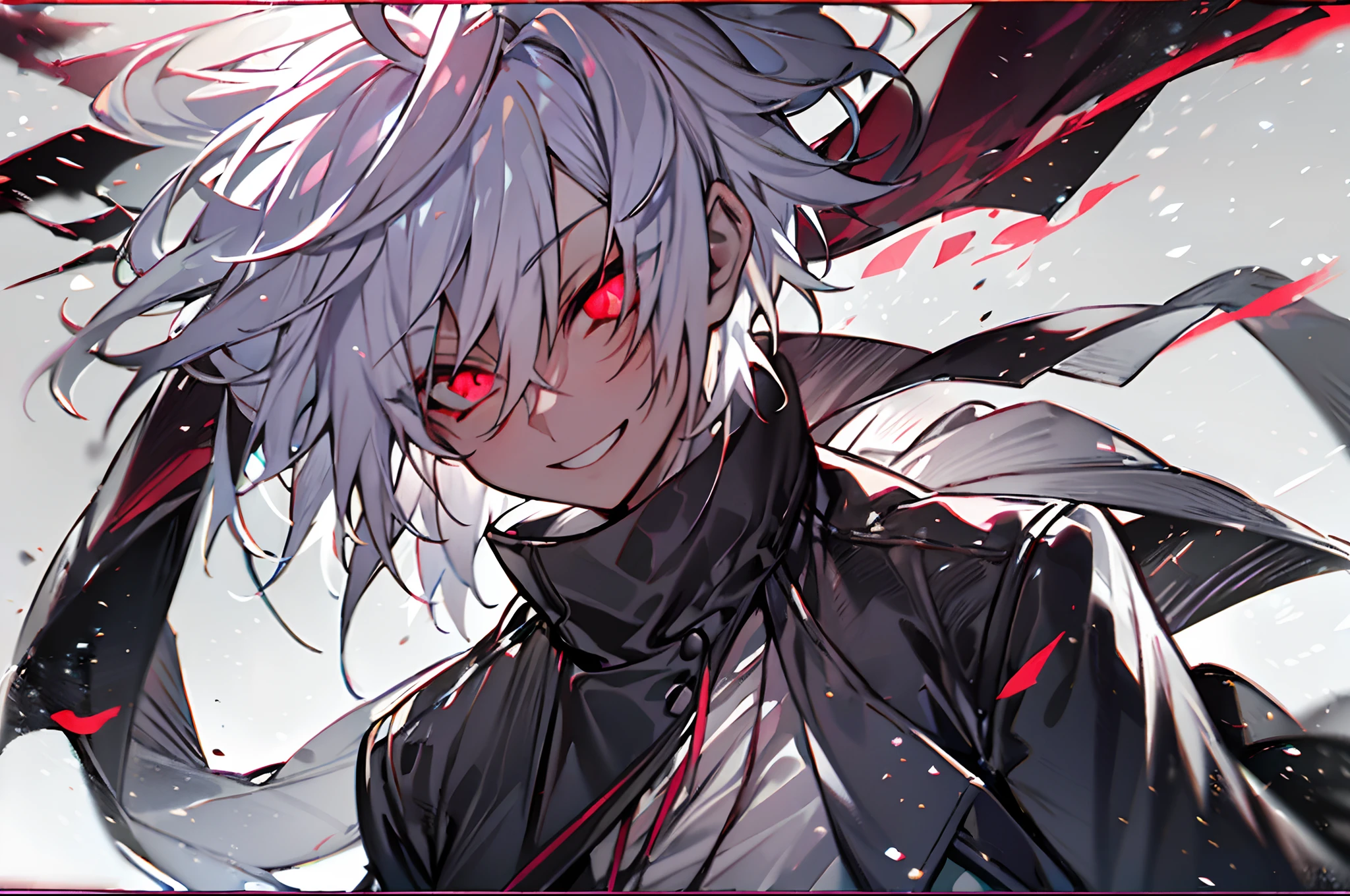 ((One Person)),Anime boy with white hair and red eyes staring at camera, Glowing red eyes,slim, dressed in a black outfit,Shadow Body,de pele branca,monochromes,hair messy,A smile,Diagonal angle,show teeth,Open your eyes、
