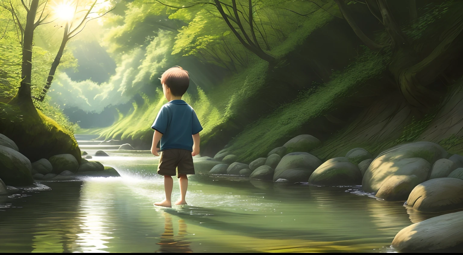 playing in the river,and the sun was shining brightly,Verdant trees,Clear river water,Cheerful laughter,Cover the shy smile under you