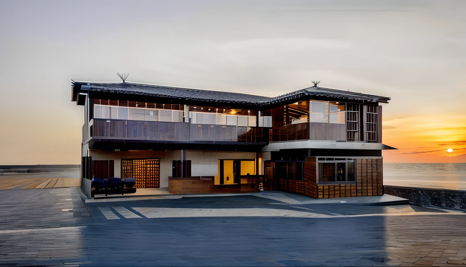 exterior architecture, twilight, A modernist, coffee shop, daylight, people, coffee shop wooden house with tile roof, modern style