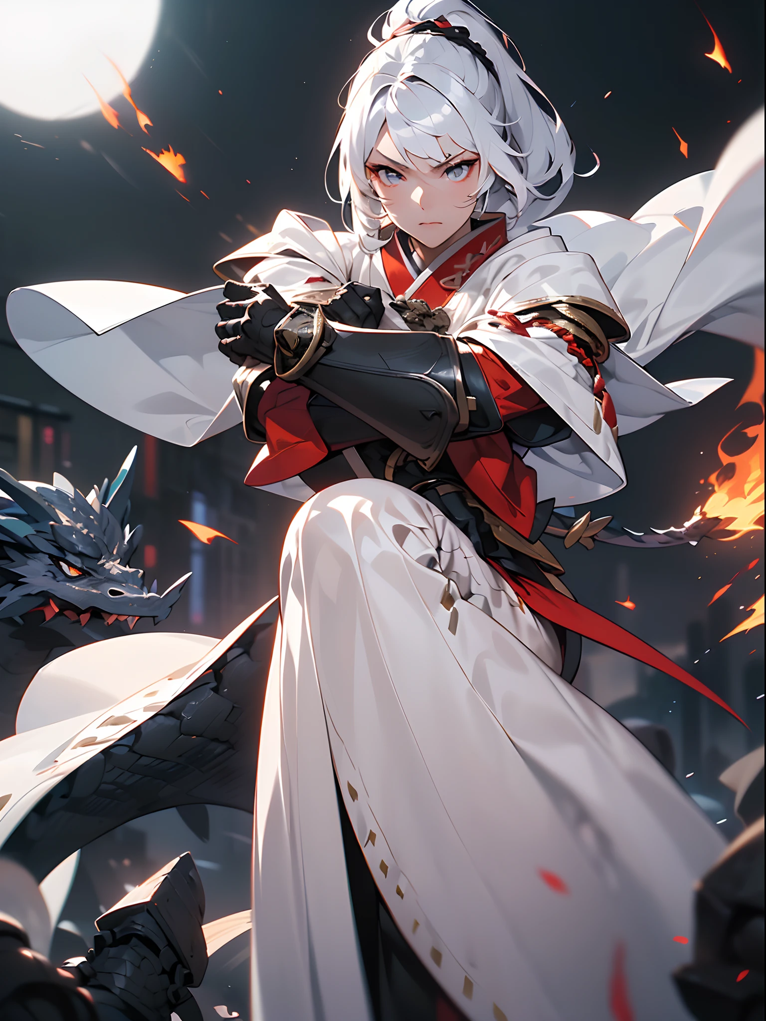 ((jpn)),((Best Quality)),((Beautifully painted)),((hight resolution)),1girl in,Beautiful Elven Daughter,((onmyouji)),((suikan)),((White cloak with red decoration)),Luminescent bushy silver-haired ponytail,Shining eyes,(((black gauntlet and glove))),nice hand, Perfect hands,(((Floating in the air and crossing arms))),(((Fight a black and giant dragon in the streets of a blazing night metropolis))),((Flying flames)),armor,(face forcus),(((motion blur))),(((dynamic angle))),((cinematic lighting))