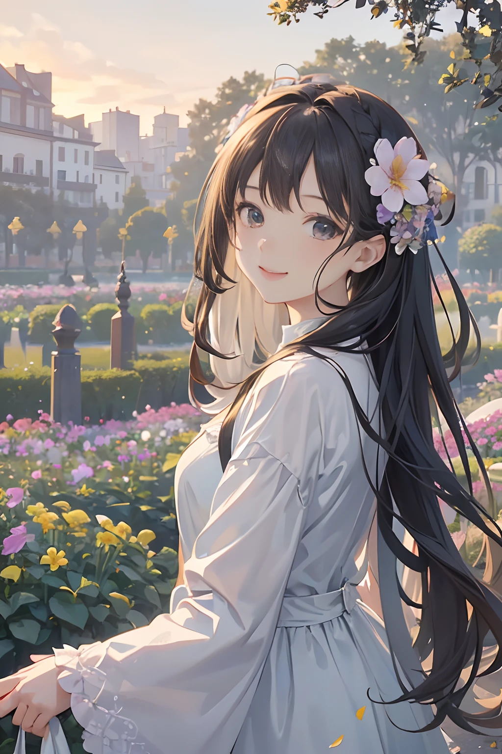 (((​masterpiece)))、(((top-quality)))、((ultra-detailliert))、(illustratio)、((extremely delicate and beautiful))、Bright smile、floating、(Detailed light) (1girl in)、、独奏、The long-haired、The wind is blowing、A WORLD、（cute eye）absurderes, hight resolution, (Official art, Beautiful and aesthetic:1.2), (Close View:1.2), Front composition, 
1girl in, (Long hair:1.2), Gray hair, Wavy Hair, Smile, 
(Everywhere in the flower garden:1.6), (Flower Effects:1.2), (Floral background:1.2), (Background filled with flowers:1.4), (Fancy backgrounds:1.1),
