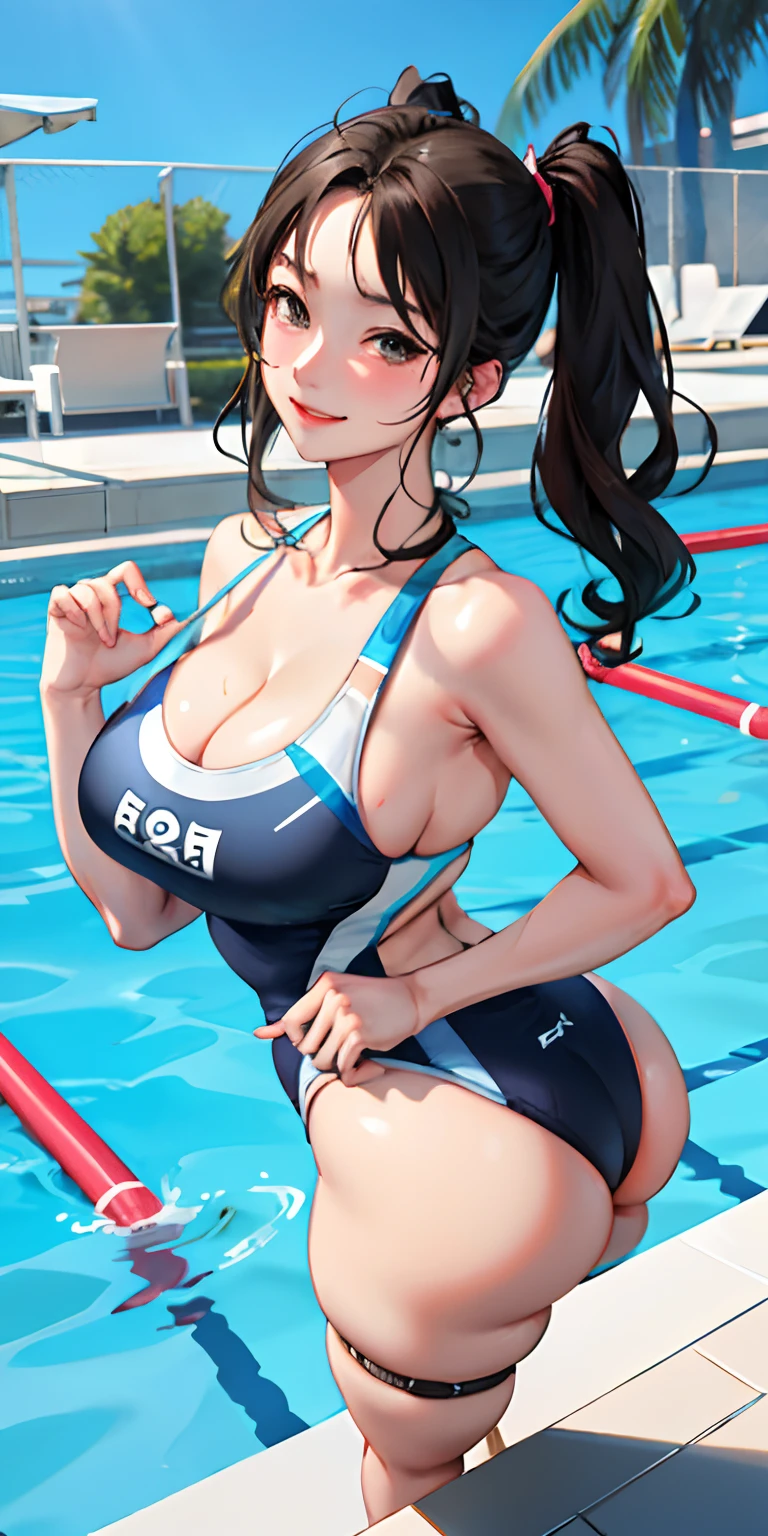 realisticlying、、Competitive swimsuit style girls、Big butt、Thicker thighs、Slightly emphasizes breasts and cleavage、Face Real、A sexy、Pool with big chest face on smiling background