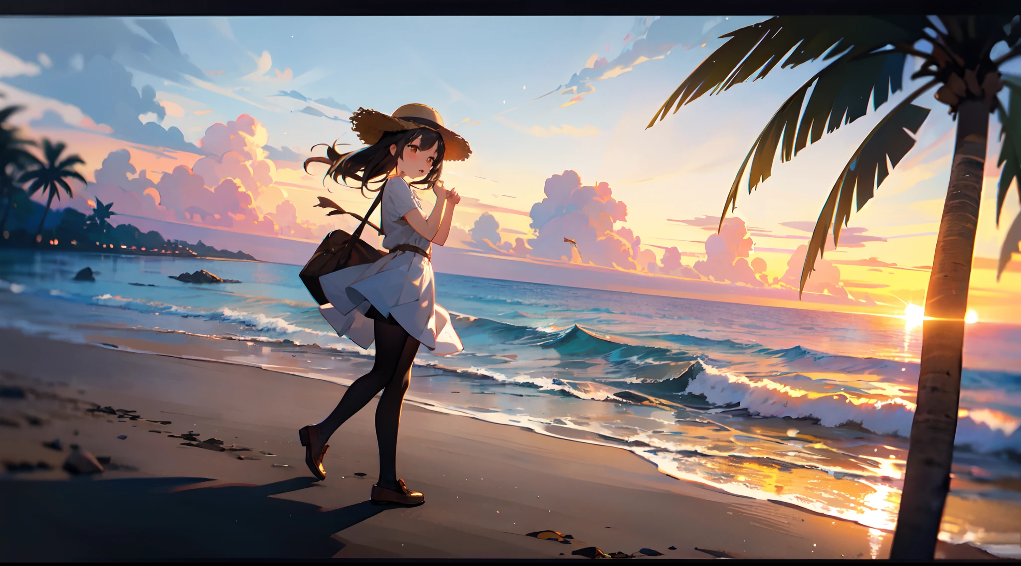 A young girl walks on the beach，One hand up，Ruffle your hair，With a straw hat，Wearing a short white skirt，Behind you is the sea，Islands in the distance，warm lights，The girl opened her eyes，Black tights，There are coconut trees on the edge of the picture，The figure is located on the left side of the frame，the sunset，There are shells on the beach，Side Body，Face the camera，Wear small brown leather shoes，