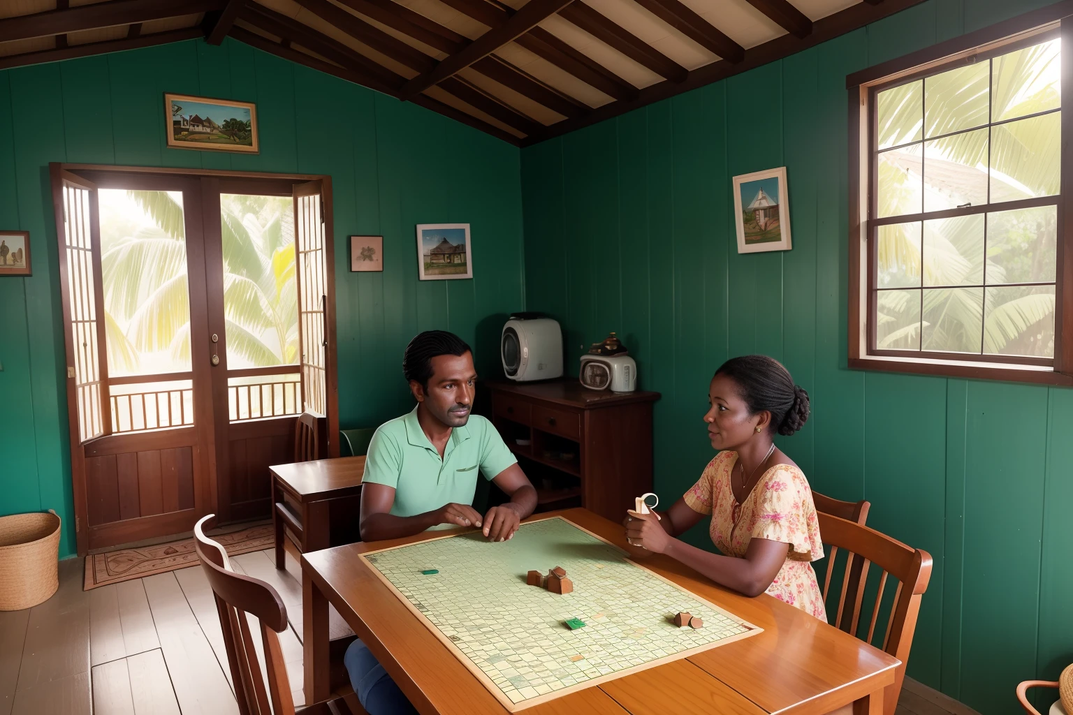 Year: 2018
Country: Guyana
Description: In a charming wooden house by the Demerara River, an upper-middle-class family engages in a lively game of Scrabble. The room is adorned with vintage decor, and the large windows flood the scene with warm daylight, creating a cozy atmosphere.