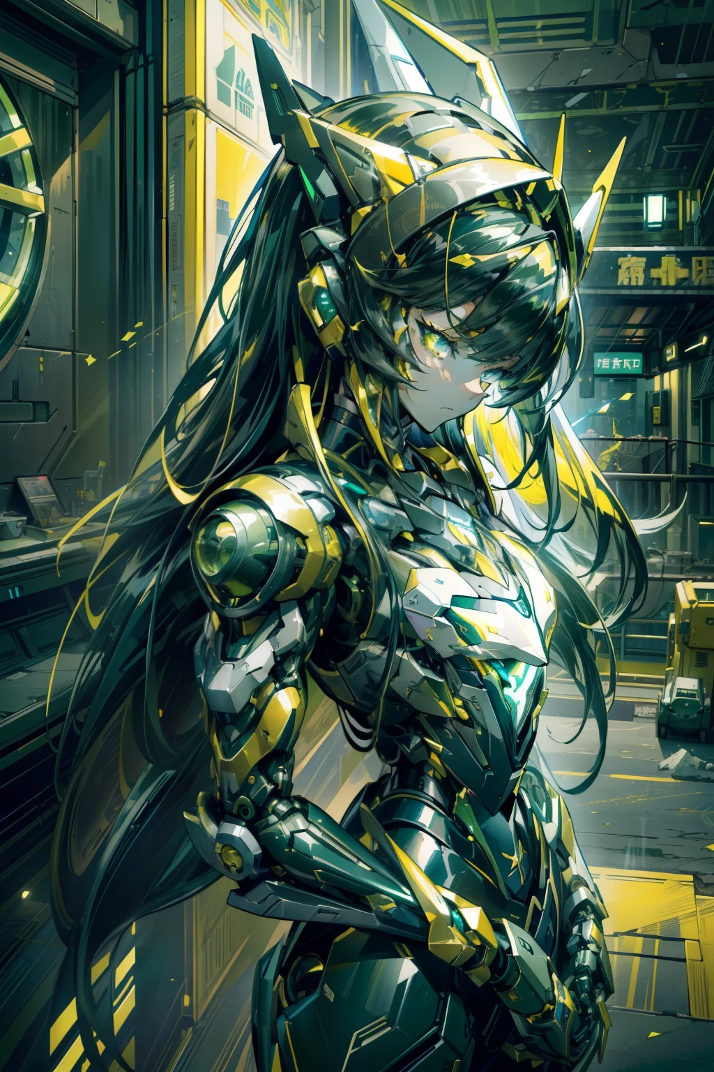 masterpiece、Near future、super elaborate、top-quality、ultra-detailliert、very detailed illustration、ighly detailed、intricate-detail、hight resolution、super complex details、Highly detailed 8k CG wallpapers、Caustics、Reflectors、Ray traching、1girl in:1.4)、独奏、Alone、(Blue_theme:1.3)、(greys_theme:1.3)、(mecha musume(Green grass_theme:1.5)、mecha musume(amarelo_theme:1.5)、mecha musume、machine components、Robot Joint、echanical arms、mechanical legs、head gear、Complex mechanical bodysuit、Mechanical Energy Wing、Electromechanical parts、Cyber Parts、robotics、Energy Rifle(sniper rifles、Mechanical sniper rifle)、)、(robe)、Very long hair、Black and blue hair(Black and blue two-tone color)、 The eye((blue eyess、Yellow eyes、)(radiant eyes、)(Eye trajectory、))random facial expression、TOKYOcty(Shibuya)、城市、Night time、((Neon light、Blue Neon Light))、(细致背景、城市、Building Street、outside of house、mid air)、((masterpiece))、absurderes、nffsw、(Classic Headshot Pose)、cyberpunkcity、masterpiece、hight resolution、A detailed、