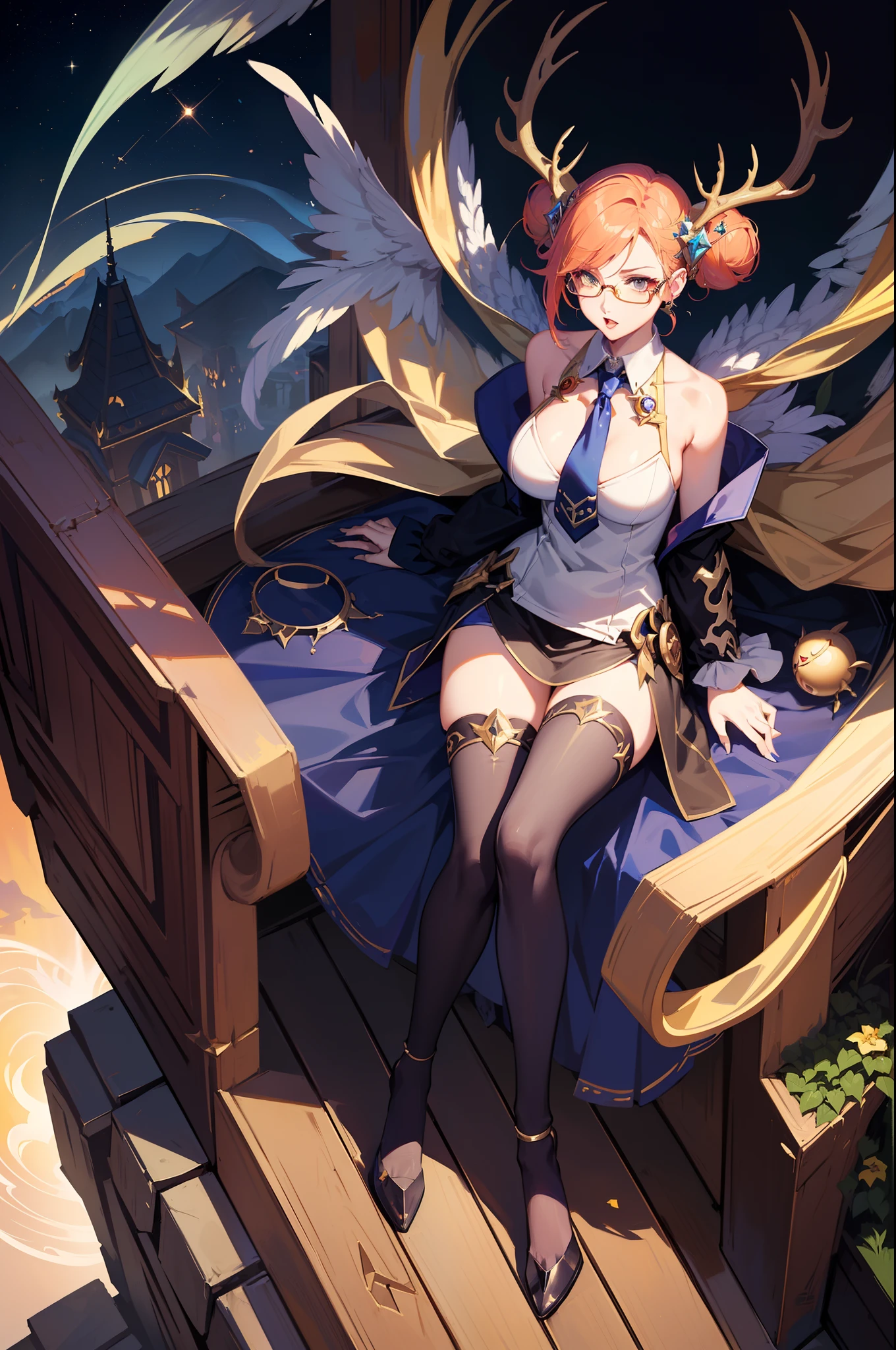 league of legend female character, hyper league of legend art style, harpy idol, ((sundress, earring, glasses, tie, brooch, silk legging)), ((buns hair style, love shape pupil, deer make-up, perfect body shape)), (charming aura, flying windy effect), (masterpieces, fantasy world, hyper resolution), upper sky background