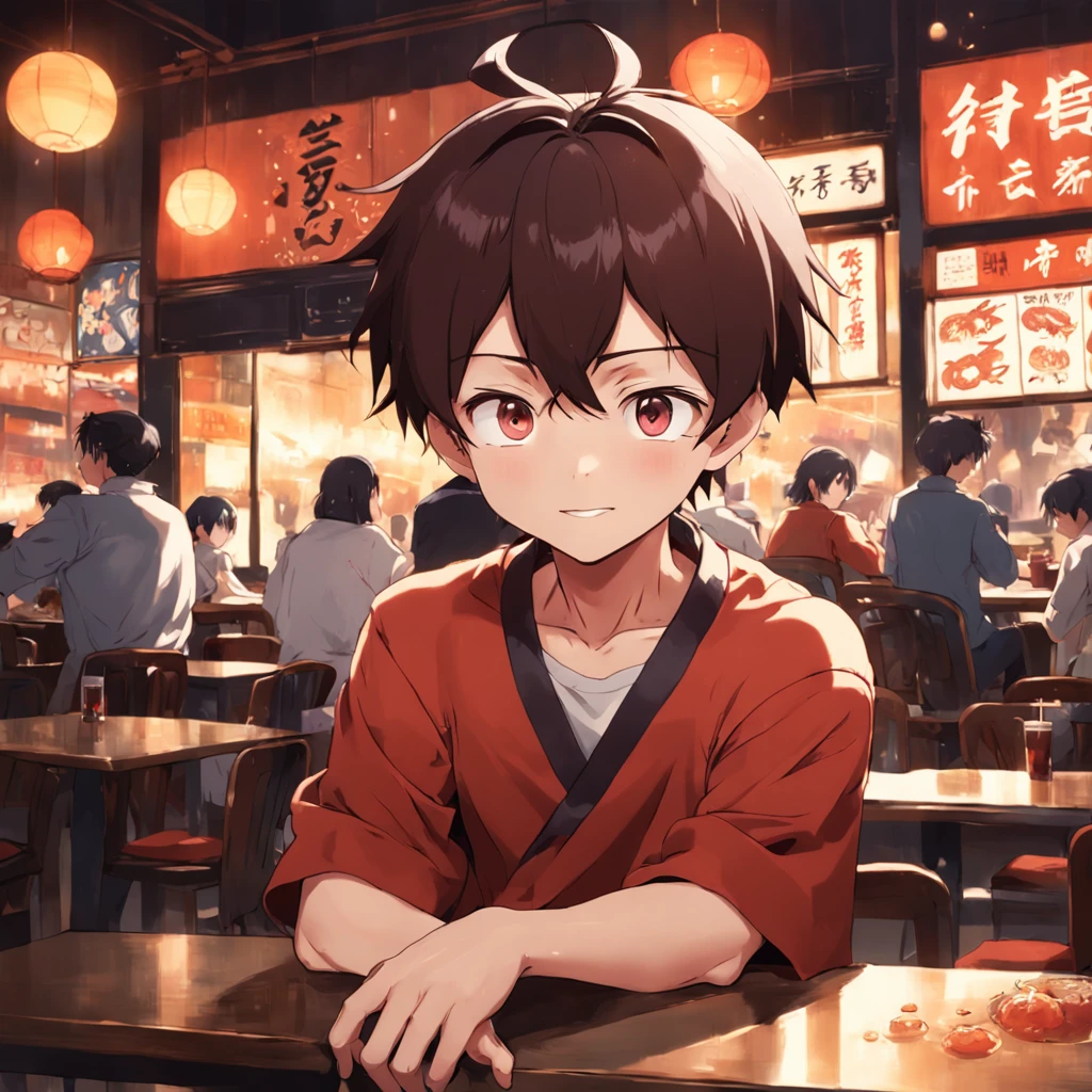 There was a boy sitting down,Young and handsome Wanya face, In the restaurant,Crab cuisine,A smile bigeyes90s style anime retro