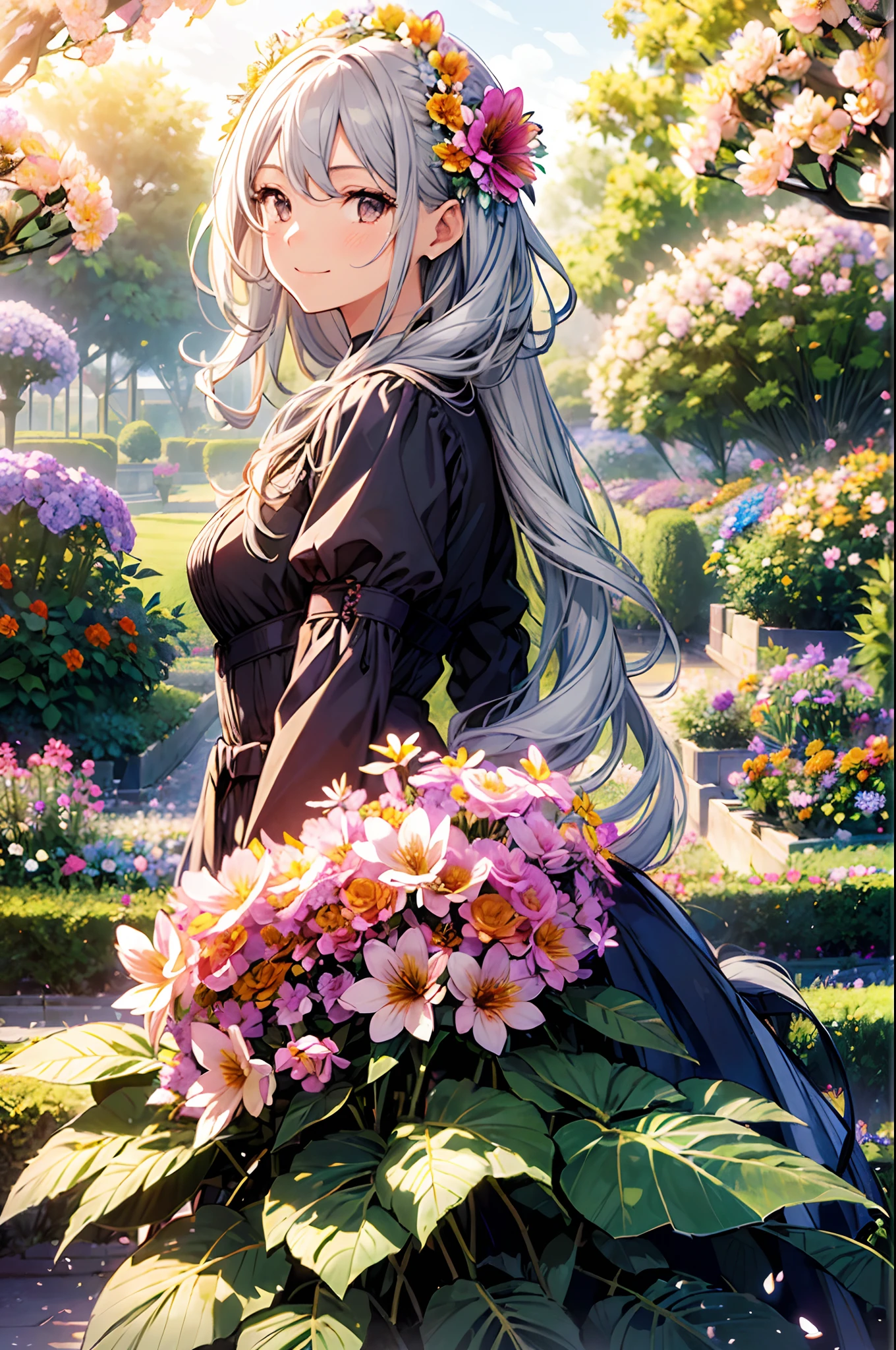 absurderes, hight resolution, (Official art, Beautiful and aesthetic:1.2), (Close View:1.2), Front composition, 
1girl in, (Long hair:1.2), Gray hair, Wavy Hair, Smile, 
(Everywhere in the flower garden:1.6), (Flower Effects:1.2), (Floral background:1.2), (Background filled with flowers:1.4), (Fancy backgrounds:1.1),