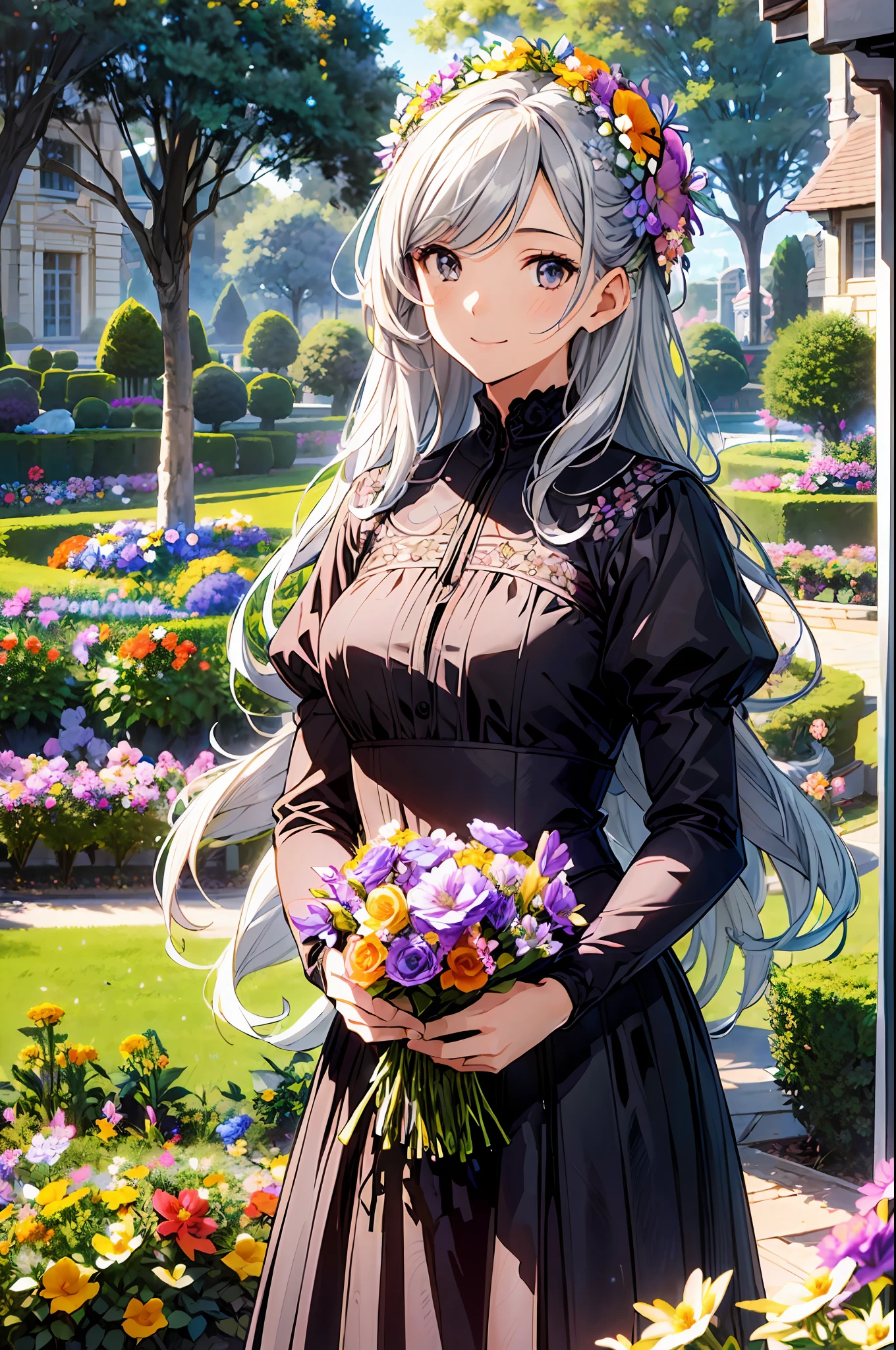 absurderes, hight resolution, (Official art, Beautiful and aesthetic:1.2), (Close View:1.2), Front composition, 
1girl in, (Long hair:1.2), Gray hair, Wavy Hair, Smile, 
(Everywhere in the flower garden:1.6), (Flower Effects:1.2), (Floral background:1.2), (Background filled with flowers:1.4), (Fancy backgrounds:1.1),