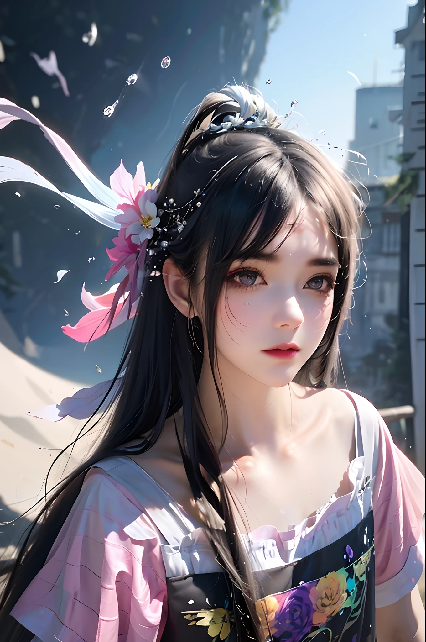 (Pink fashion T-shirt: 1.9), (Colorful hair: 1.8), (Rainbow all colors: 1.8), (((Vertical painting: 1.6))), (Painting: 1.6), Front, manga, illustration, painting, big eyes, crystal clear, (rainbow gradient high ponytail: 1.7), delicate makeup, shut up, (small freshness: 1.5), (bandeau: 1.6), long eyelashes, white off-the-shoulder T- shirt, White Shoulder Shirt, looking at the audience, Big watery eyes, (rainbow hair: 1.6), color splash, (solo:1.8), color splash, color explosion, colour splash, color explosion, thick lacquer style, messy lines, ((shining)), (colorful), (colorful), (colorful), colorful, Thick Paint Style, (Splash) (Color Splash), Vertical Painting, Upper Body, Paint Splash, Acrylic Pigment, Gradient, Paint, Highest Image Quality, Masterpiece, Solo, Depth of Field, Face Paint, colorful clothes, (elegance: 1.2), gorgeous, long hair, wind, (elegance: 1.3), (petals: 1.4), ((masterpiece))), ((best quality))), (ultra-detailed), (illustration), (dynamic angle), (floating), (paint), ((loose hair)), (solo), (1girl), ( ( ( detailed anima face))), (( Beautiful detailed face)), collar, exposed shoulders, white hair, ((colored hair)), ((striped hair)), beautiful detailed eyes, (gradient eyes), (colored eyes))), (colored background))), (high saturation))), ((surrounded by colorful splashes))),