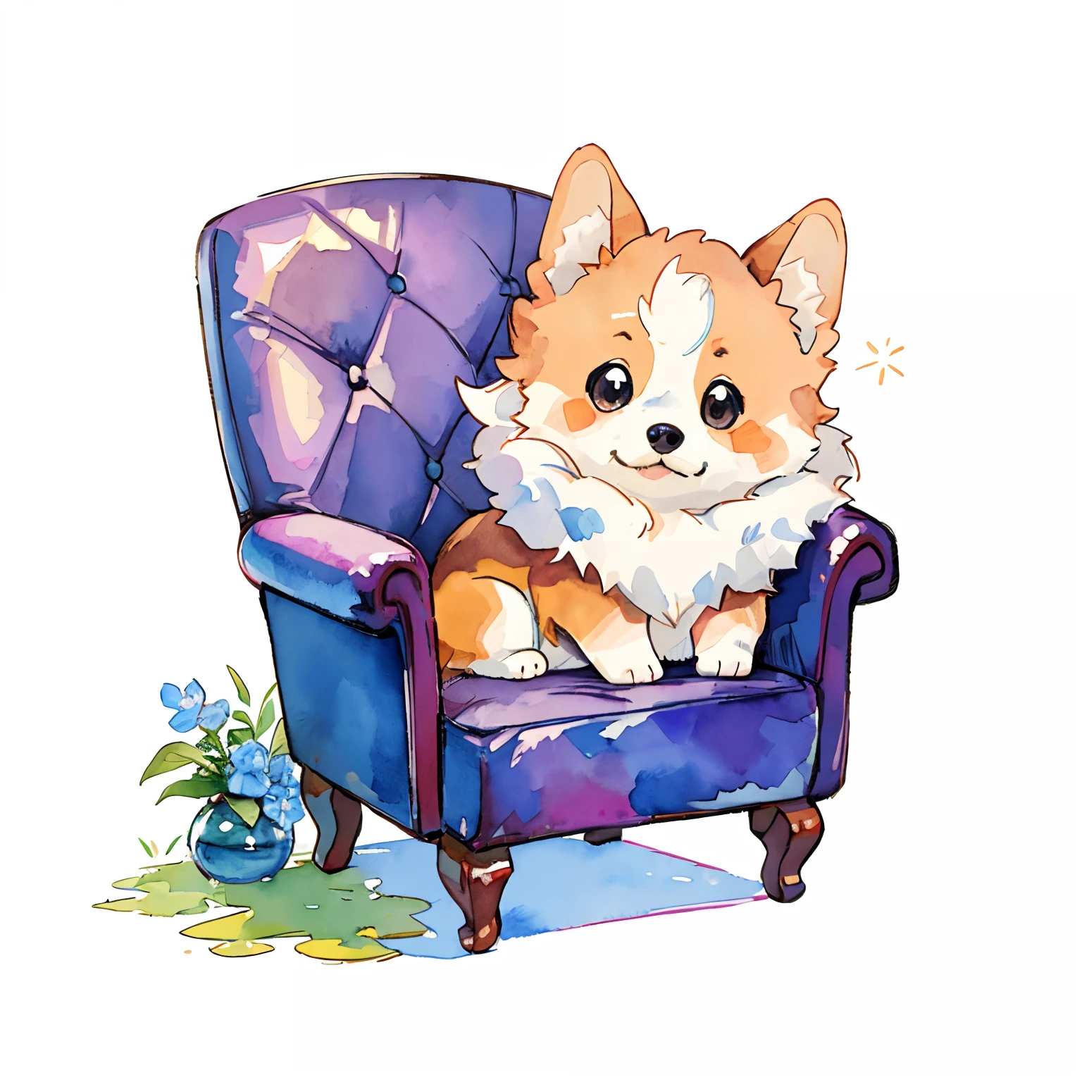 corgi:1.5、cute little、big eye、fluffy fur、I'm sitting down.、simple background、watercolor paiting、