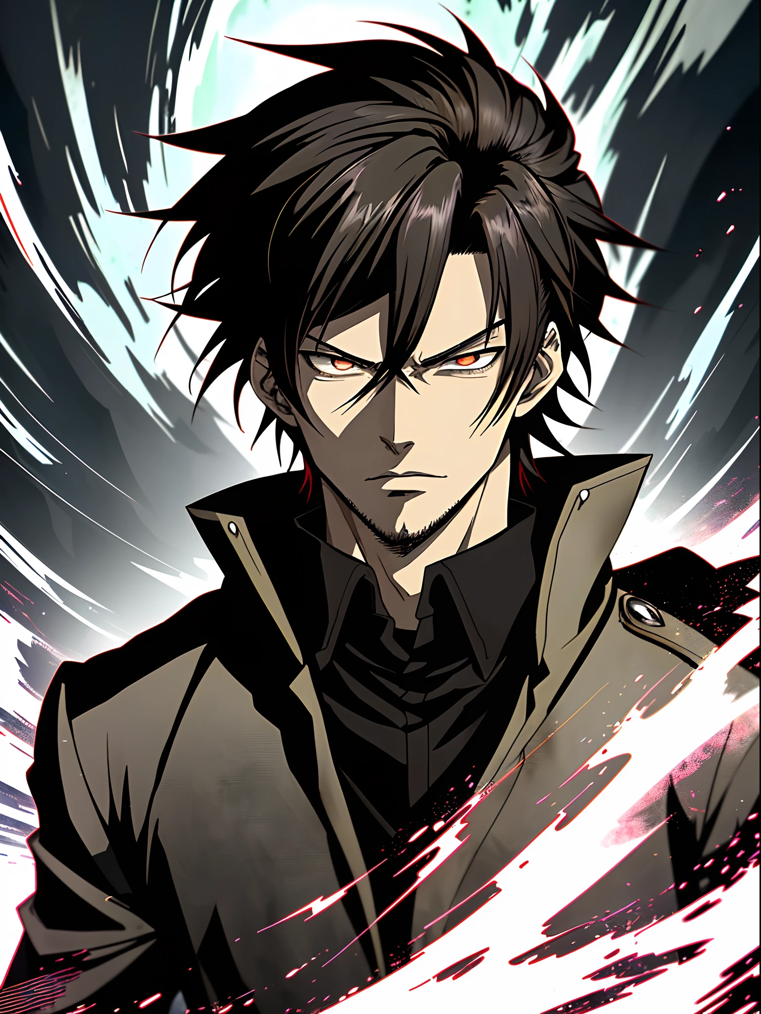Anime man in a black coat,nigth, Black eyes,Black clouds,Anime handsome man, Anime portrait of a handsome man, anime concept hdr anime macmanus, Key anime art, male anime character