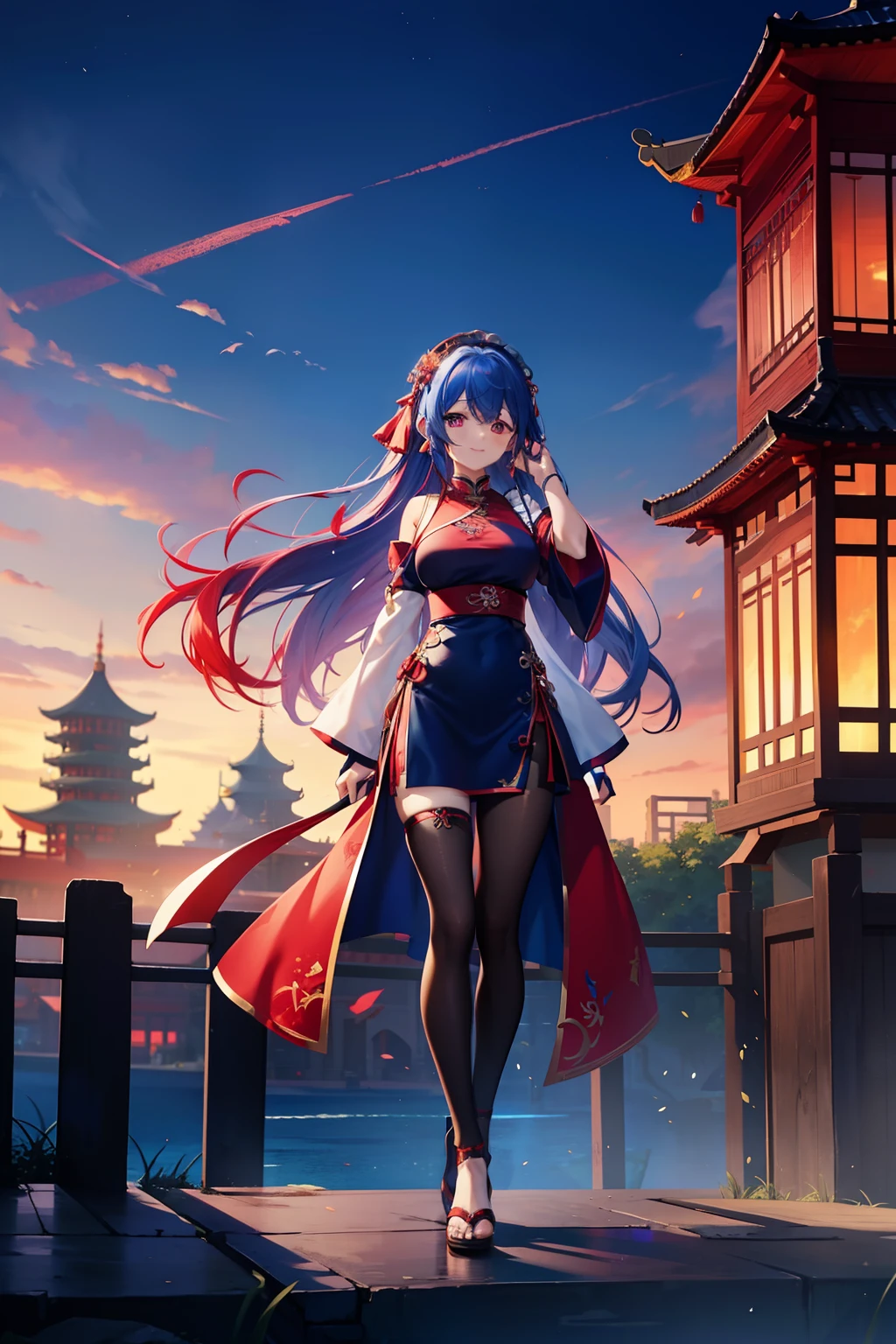 Hyoma Chigiri (Blue Lock), Blue Lock, ember, Crimson hair and crimson eyes,4 head body, Semi-long hair, maid clothes, qipao dress,  legged, Black Leggings, gladiator sandals, Simple and attractive smile, Scenery of Shanghai, Castles, Beautiful illustrations drawn together,