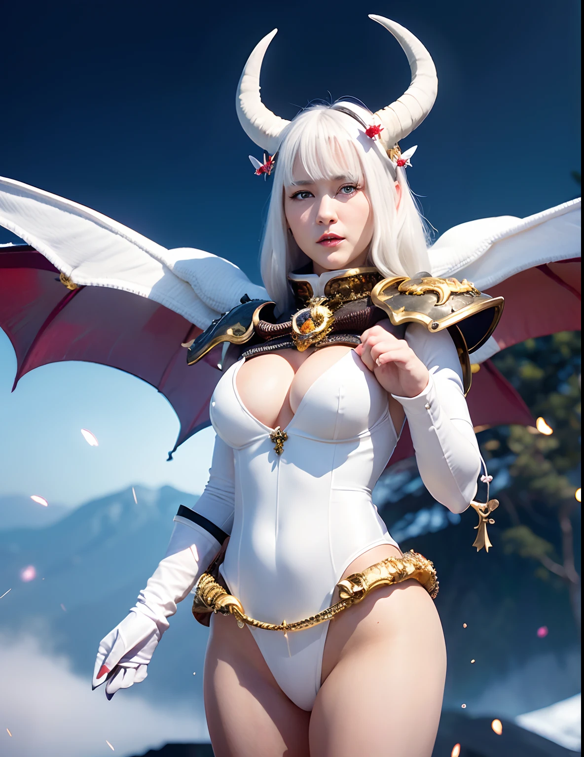 Professional , masterpiece、top-quality、photos realistic , depth of fields 、(White Jewel Metal Body:1.9),(Matte White、(cleavage of the breast)、Jewel Gold Weapon、Particles of light、(White Jewel Metal Body:1.4),Gorgeous gold weapons ,(( Dragon dense and gorgeous dragon sword)) , (demonic wings) ,warhammer 40k 、((White hair))、(Castle background)、(demonic wings)、((Gangle's forest background))、Beautiful Caucasian beauty、1a person、dynamic ungle,(((Two devil's horns on the head)))、Smaller head、Idle Smile、Thin and beautiful female hands、cleavage of the breast、Mystical expression、Light Effects、intense fighting、Wind-effect、magic circles、With the legendary magic wand、Dragon's tail、