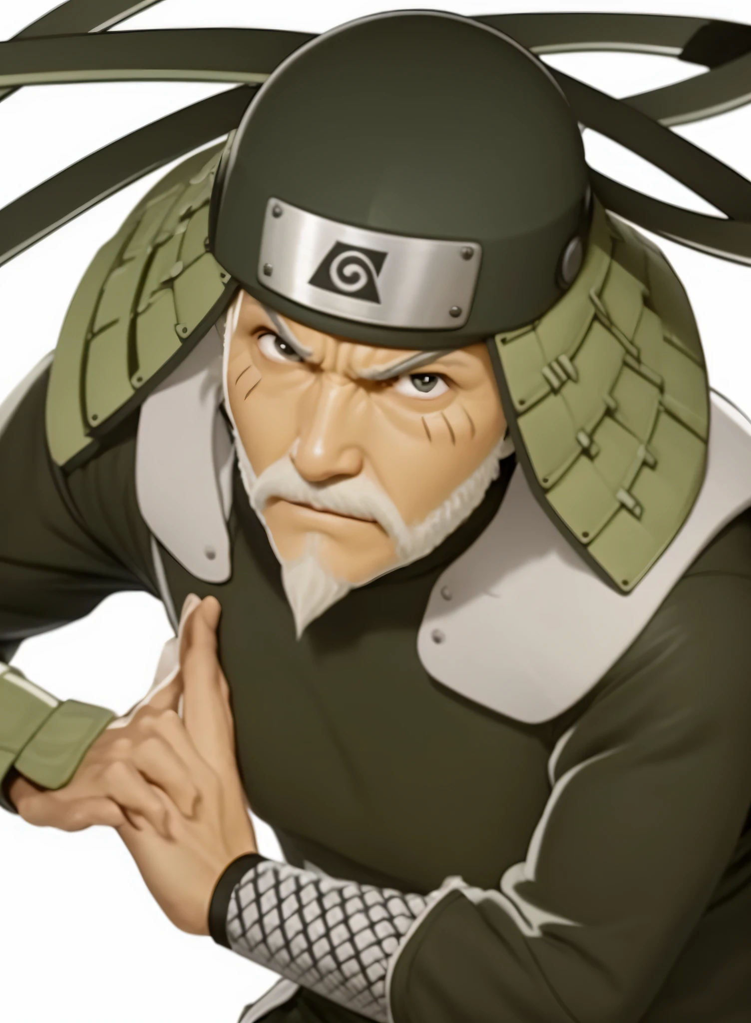 Sarutobi is a character in the Naruto anime. An old man. Wears a black helmet with the Konoha logo. The helmet is decorated with iron armor plates like long ears on both sides of the edges. On his shoulder there is an iron shield. Wearing a black long sleeve spandex shirt. has 3 lines under his eyes, there is a white beard which is only on his chin. exudes a sense of wisdom and authority as the esteemed Third Hokage from the Naruto Anime.