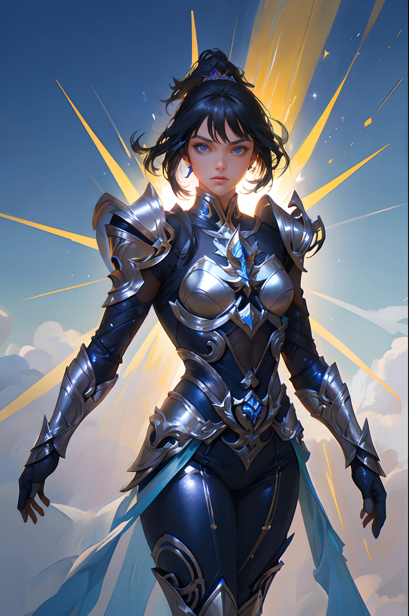 Ultra-high saturation，（tmasterpiece）， fully body photo，（best qualtiy）， （1girll）， starryskybackground，Wearing shiny gold armor， Sexy lingerie type armor，Expose your chest，Expose the waistline，Exposing thighs，cool-pose， Saint Seiya Armor， messy  hair，high detal, Anime style, Cinematic lighting, Sparkle, god light, Ray traching, filmgrain, hyper HD, textureskin, super detailing, Anatomical correct, A high resolution，Ultra-high saturation，hight contrast，High-gloss armor，Smooth skin，Serious expressions,Dark room,